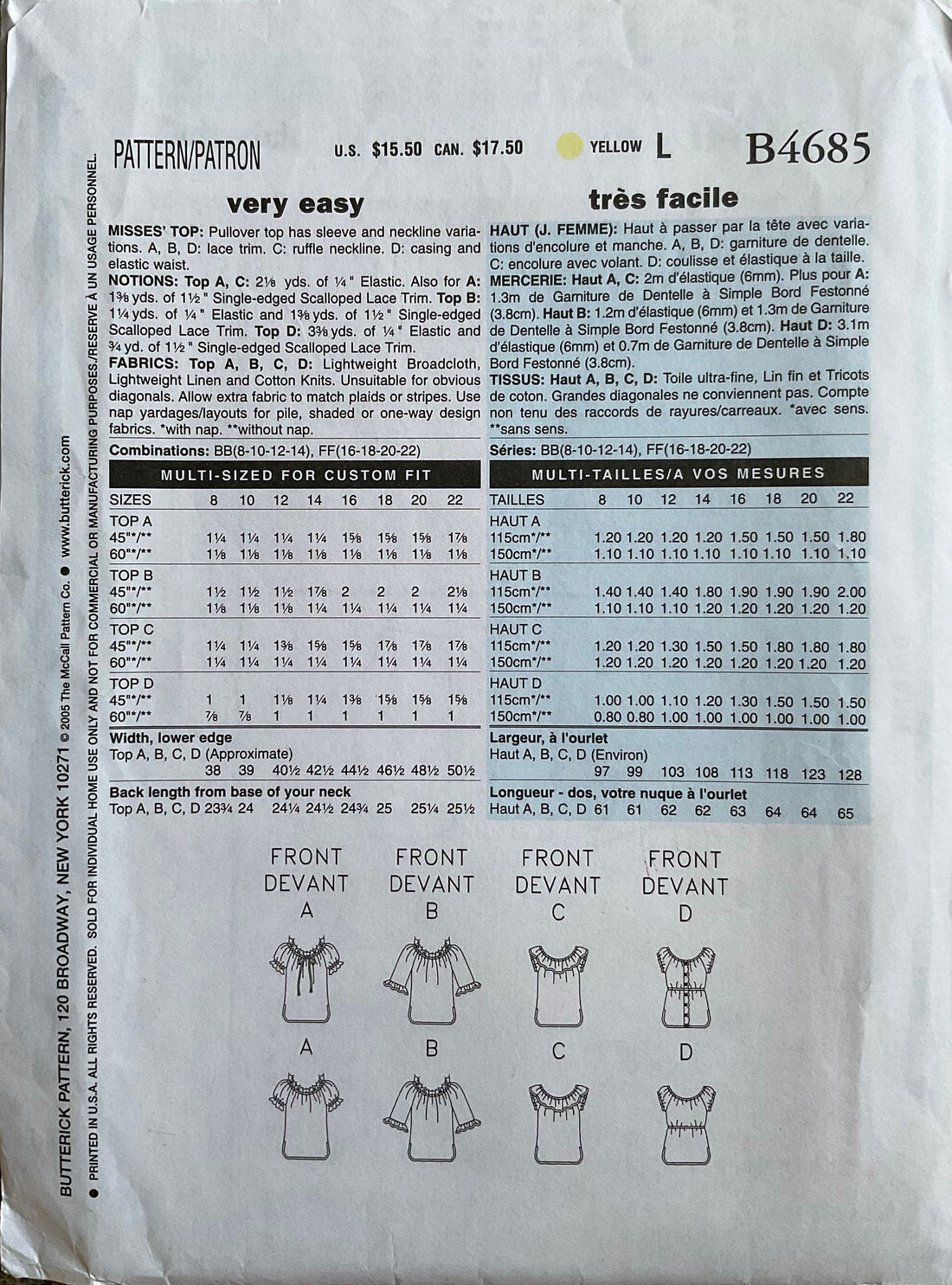 Butterick 4685 Sewing Pattern (Vintage) UNCUT
