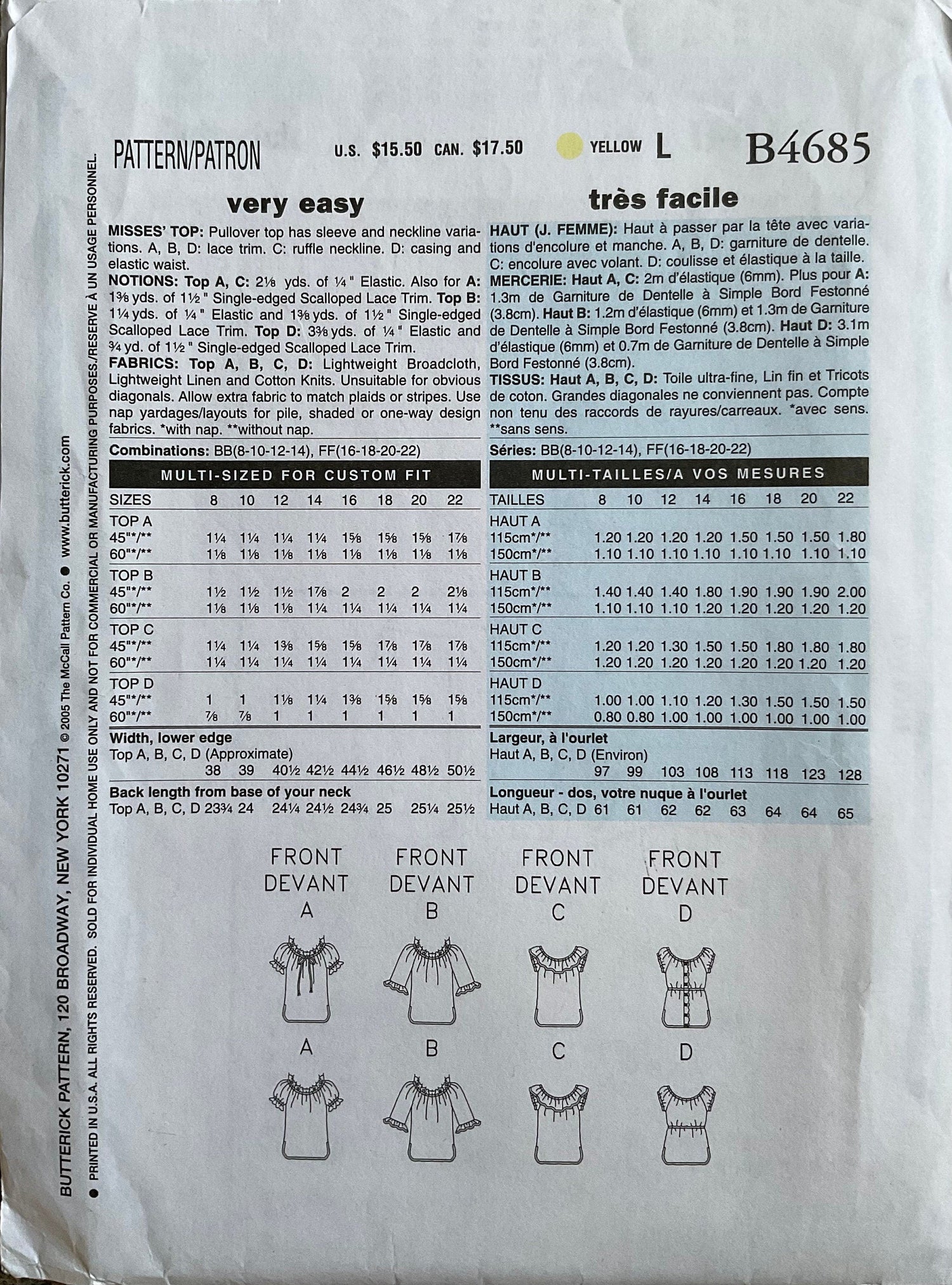 Butterick 4685 Sewing Pattern (Vintage) UNCUT