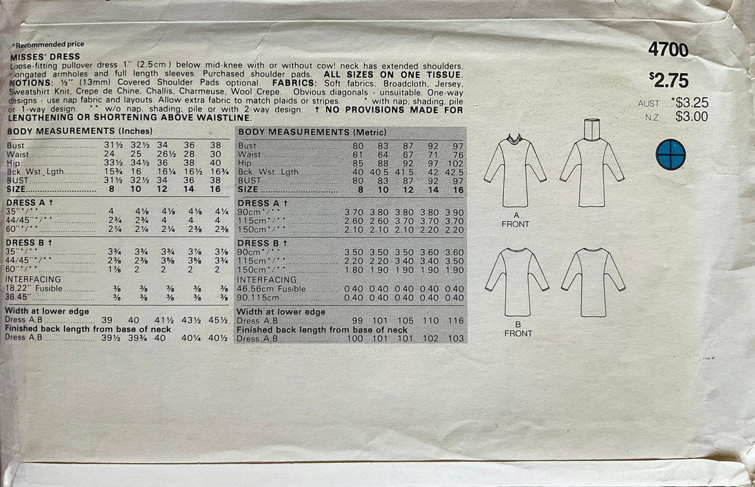 Butterick 4700 Sewing Pattern (Vintage) CUT