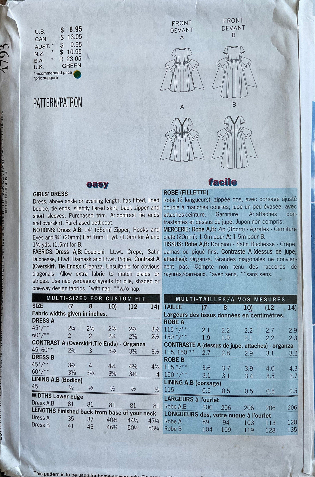 Butterick 4793 Sewing Pattern (Vintage) CUT