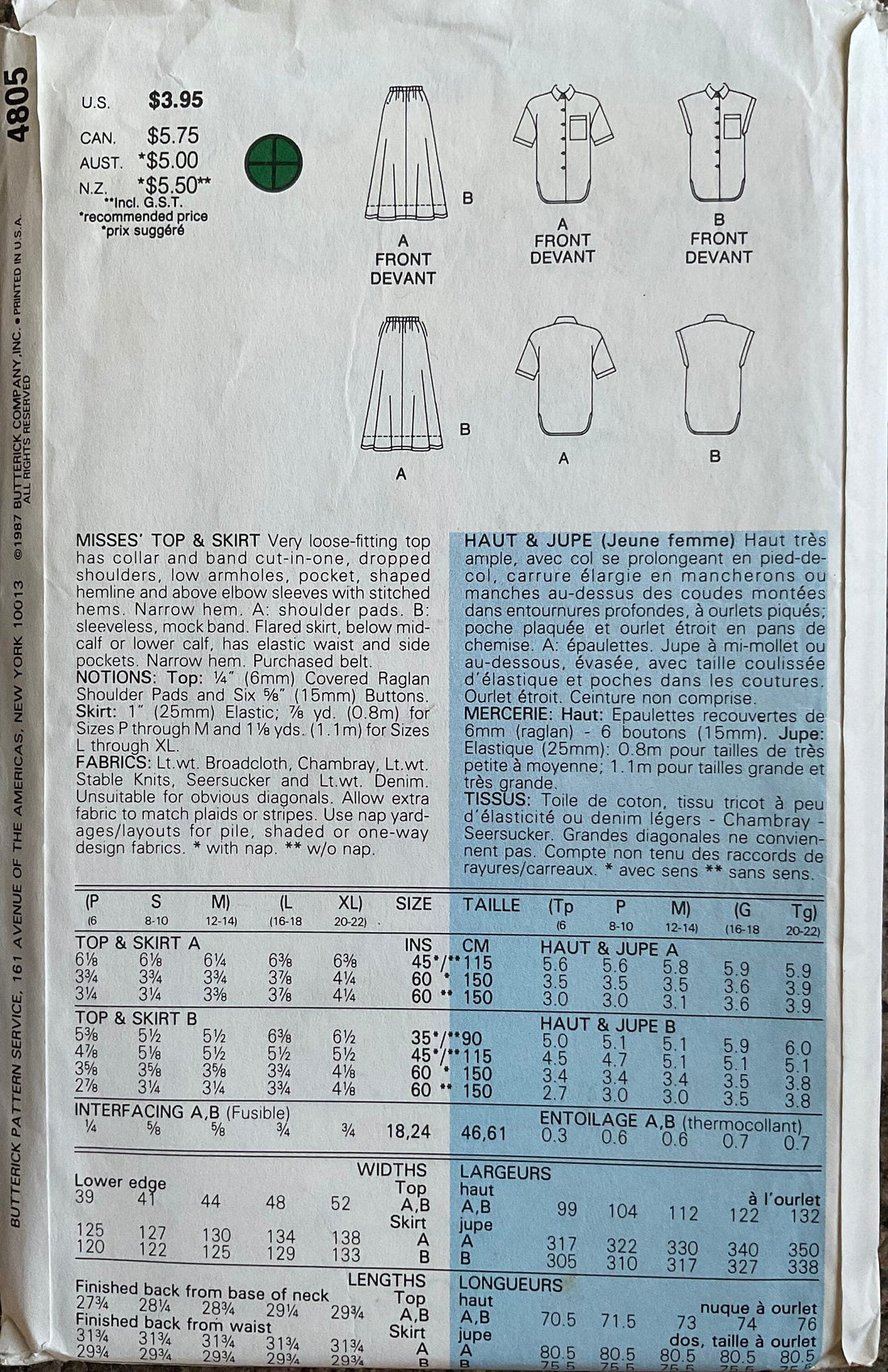 Butterick 4805 Sewing Pattern (Vintage) UNCUT