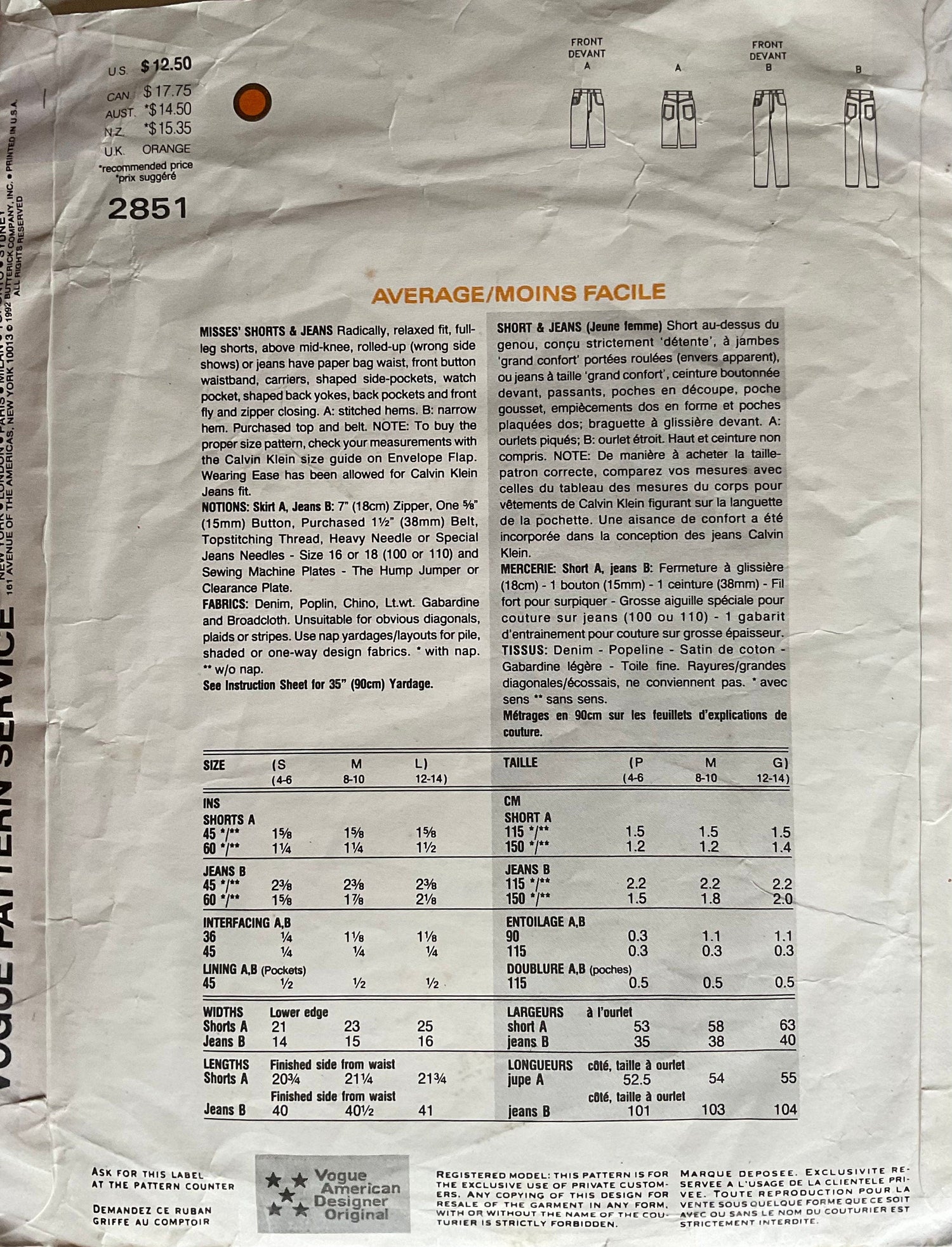Vogue 2851 Sewing Pattern (Vintage) CUT