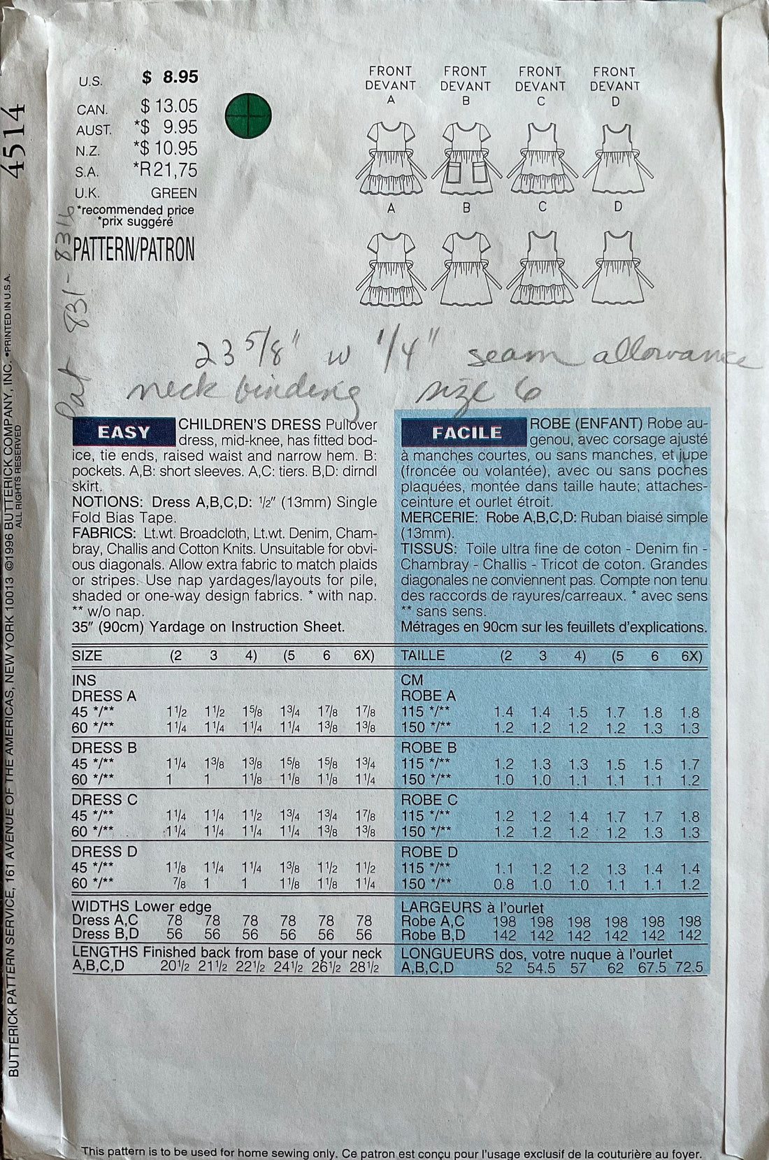 Butterick 4514 Sewing Pattern (Vintage) CUT