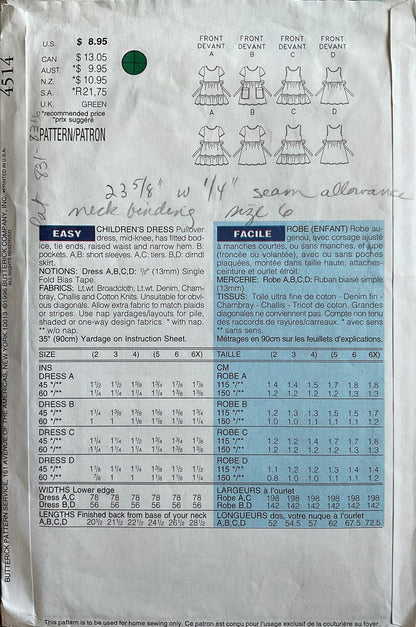 Butterick 4514 Sewing Pattern (Vintage) CUT