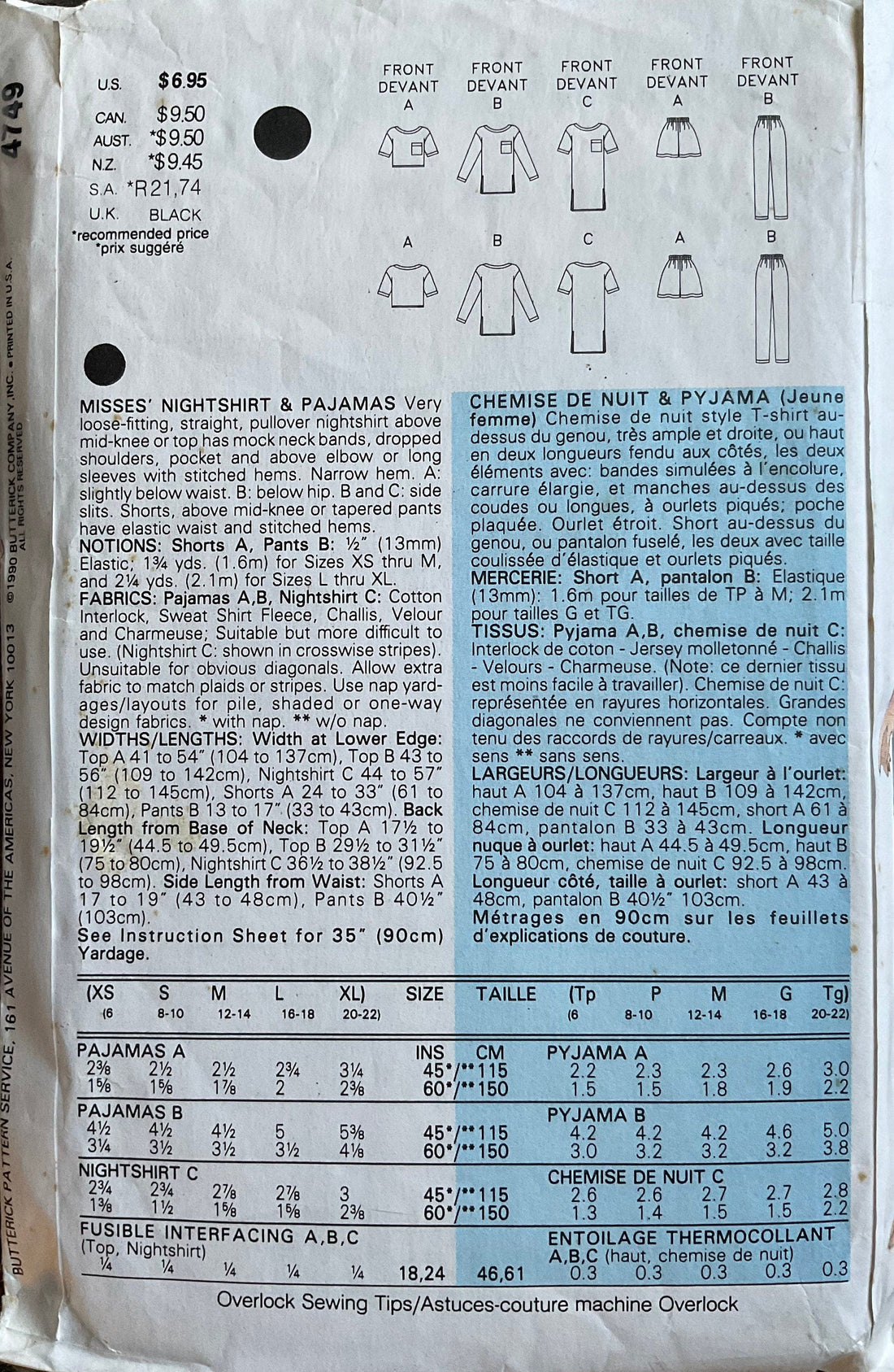 Butterick 4749 Sewing Pattern (Vintage) CUT