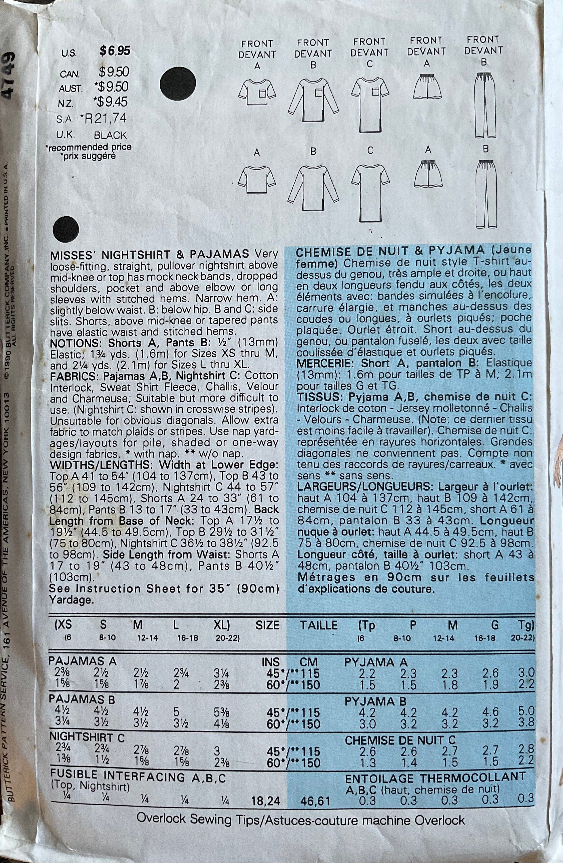 Butterick 4749 Sewing Pattern (Vintage) CUT