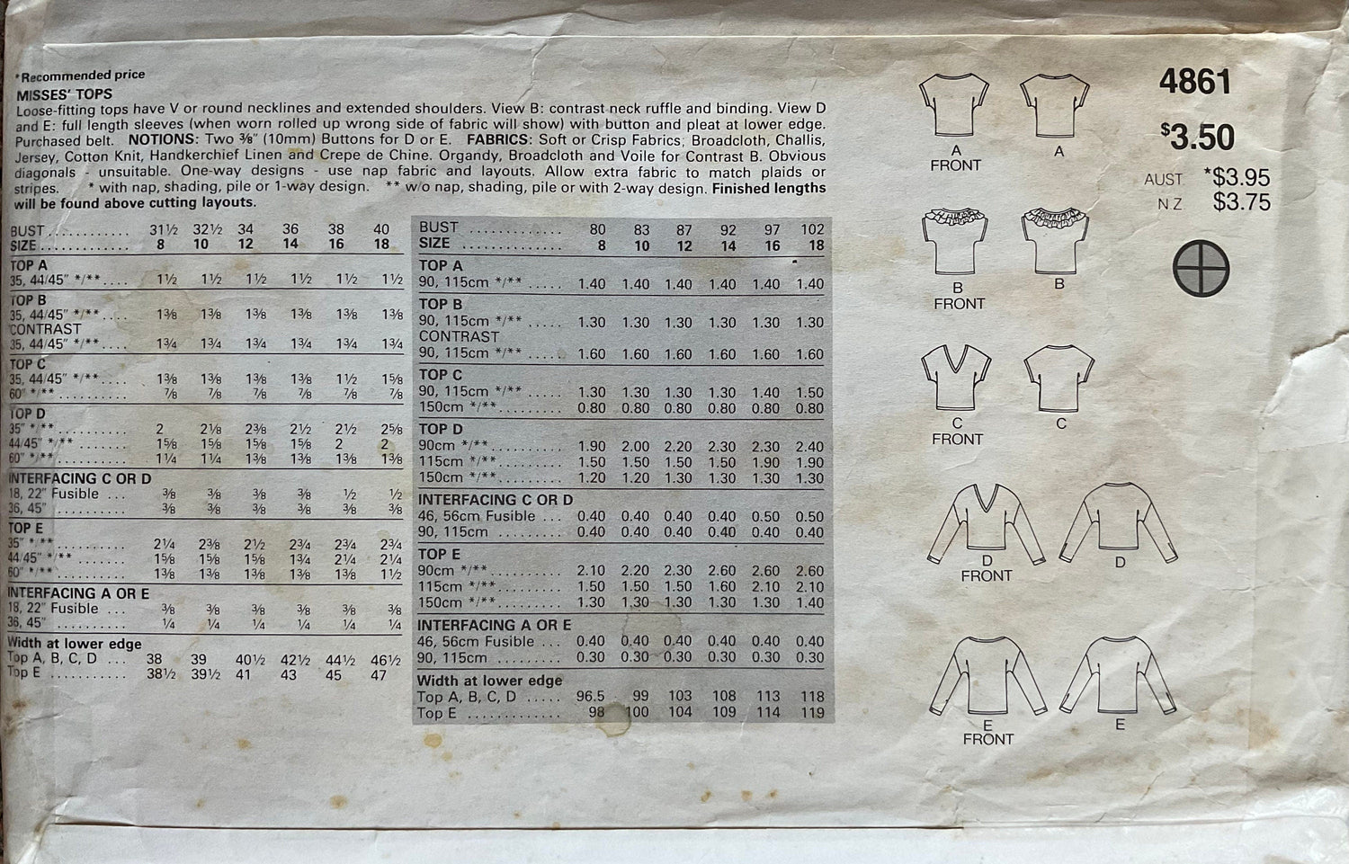 Butterick 4861 Sewing Pattern (Vintage) CUT
