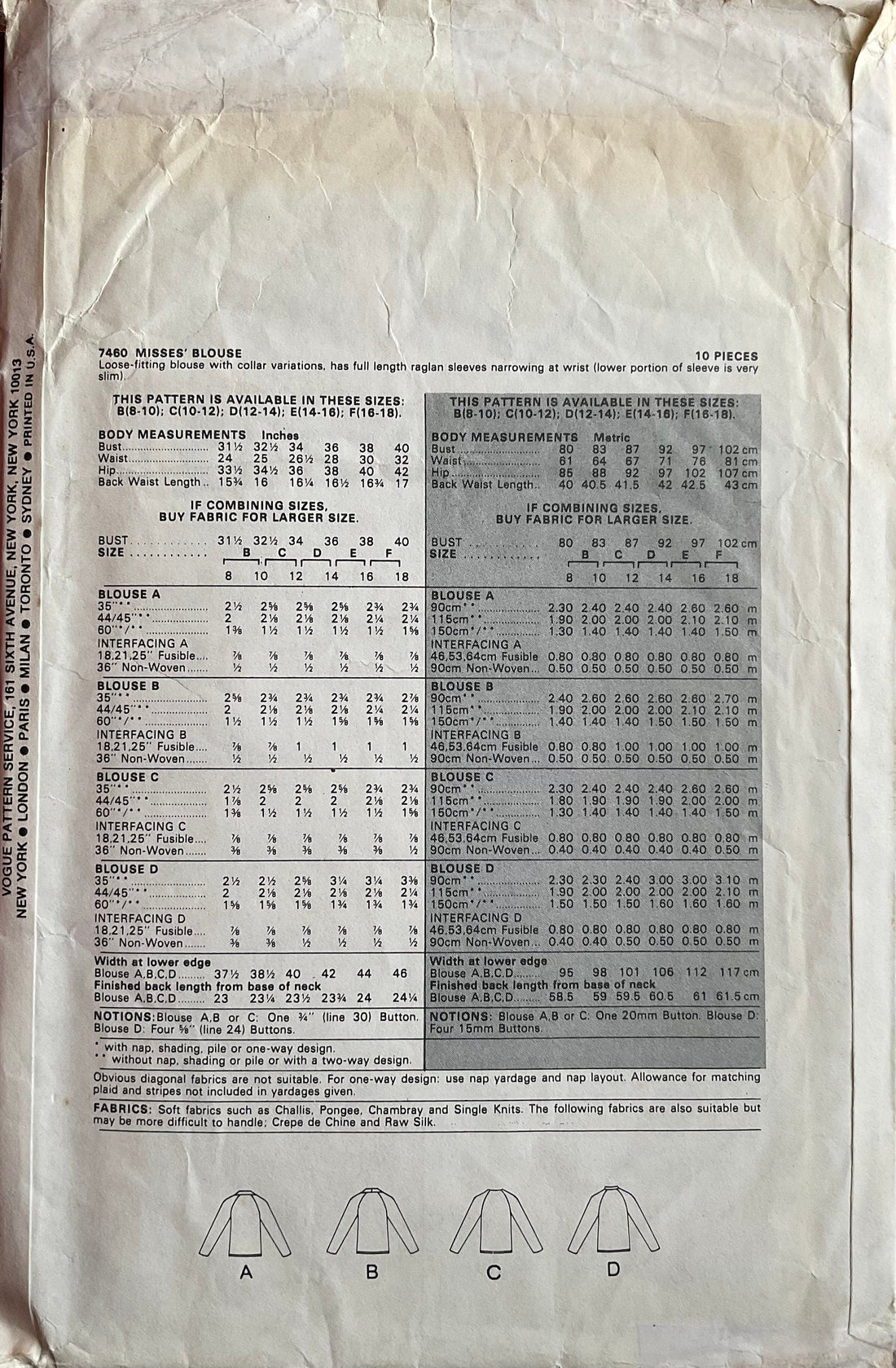 Vogue 7460 Sewing Pattern (Vintage) CUT