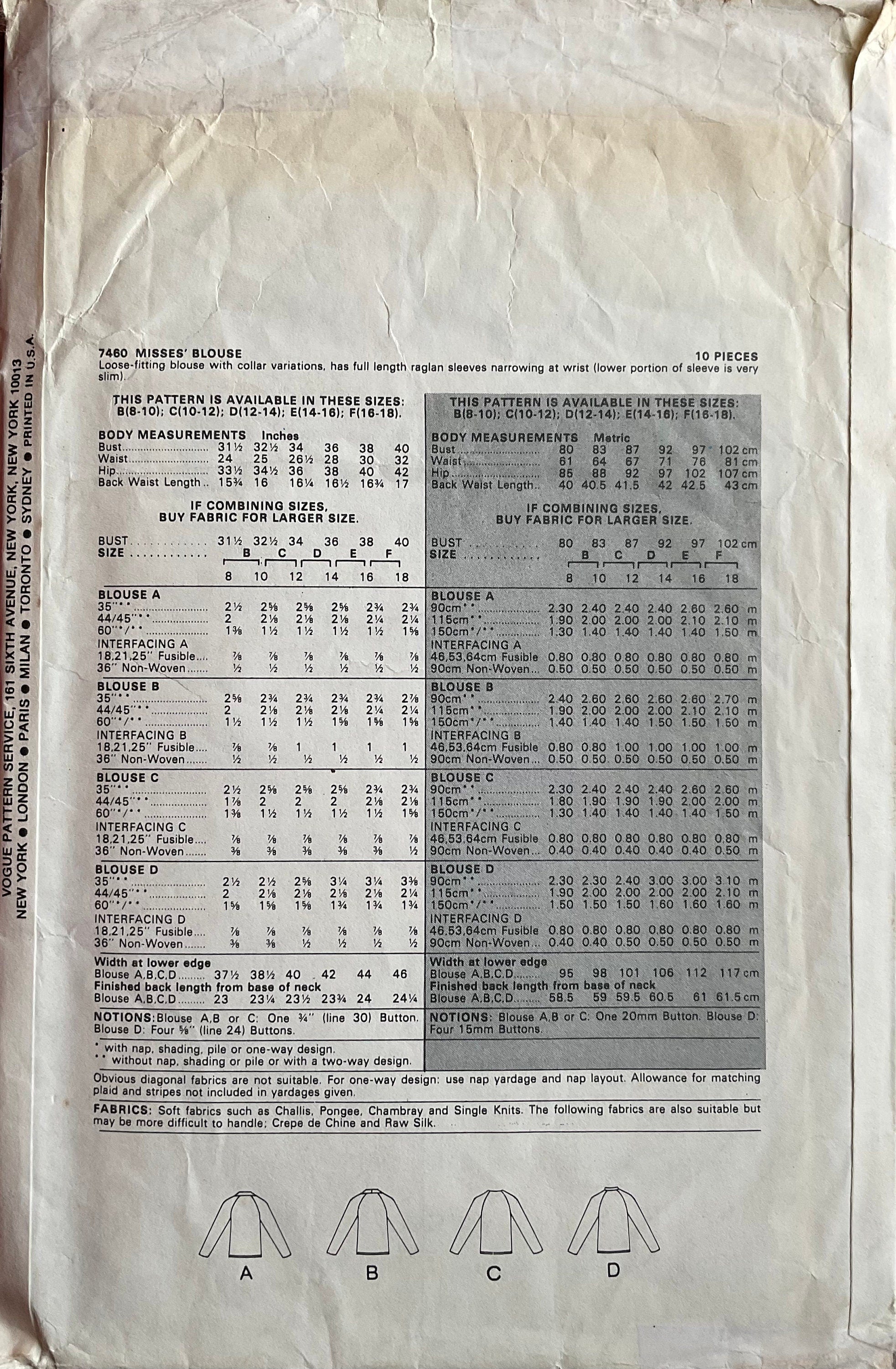 Vogue 7460 Sewing Pattern (Vintage) CUT