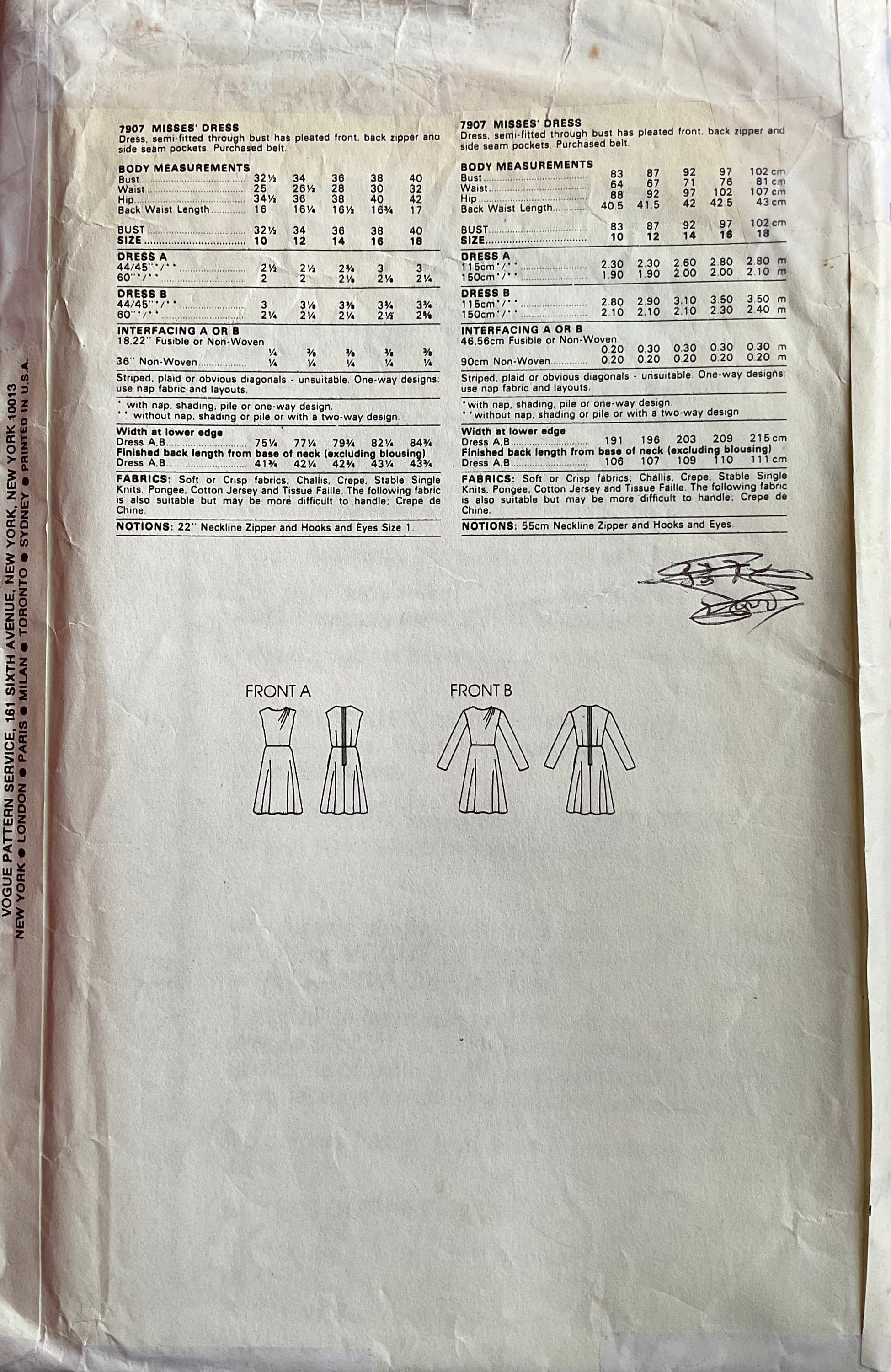 Vogue 7907 Sewing Pattern (Vintage) CUT