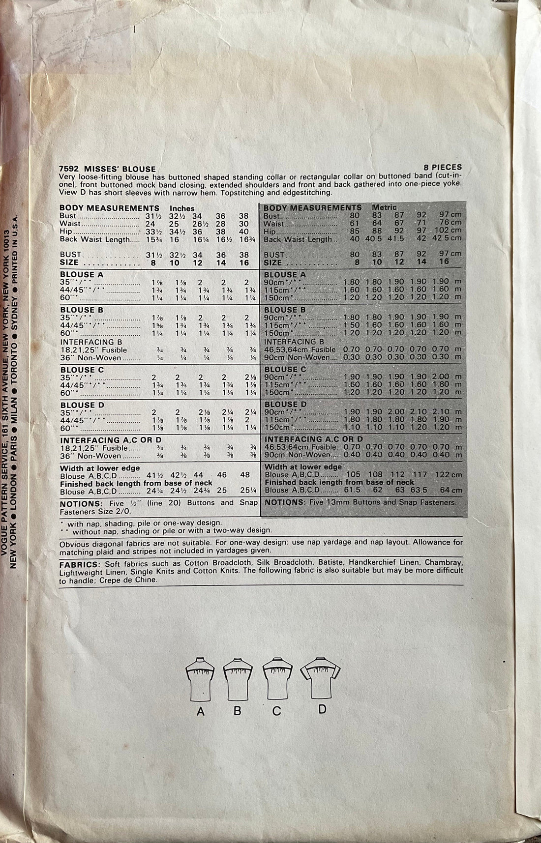 Vogue 7592 Sewing Pattern (Vintage) CUT