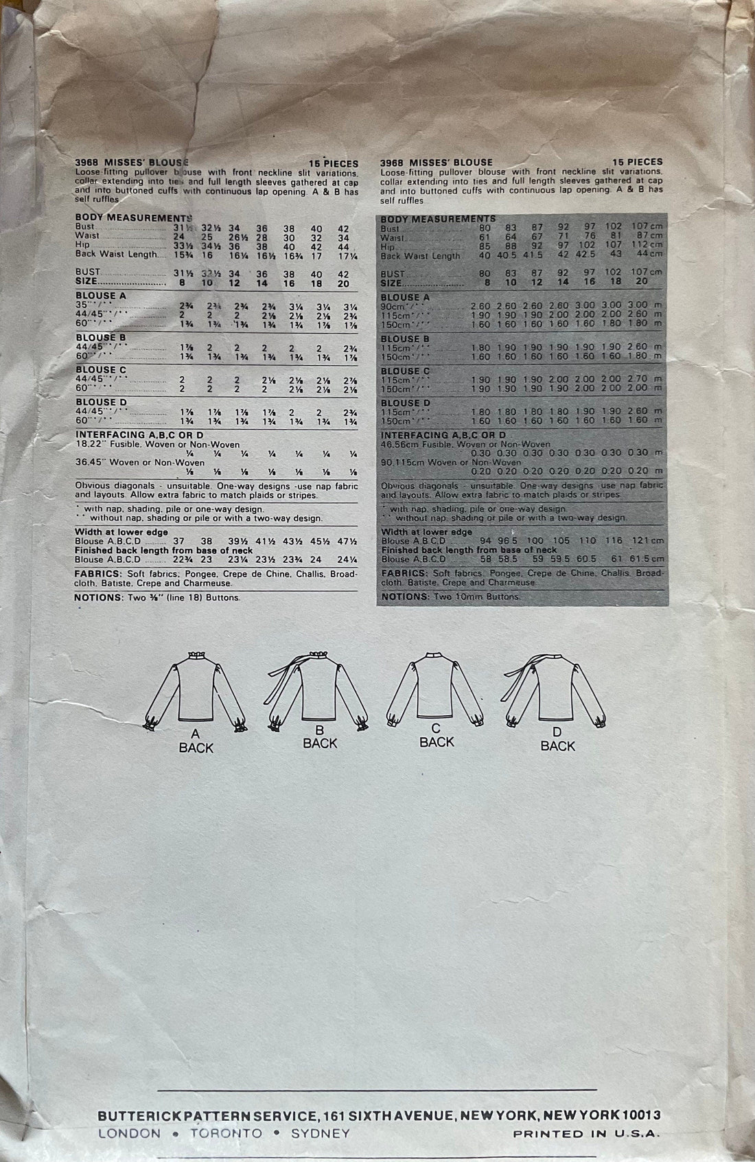 Butterick 3968 Sewing Pattern (Vintage) CUT