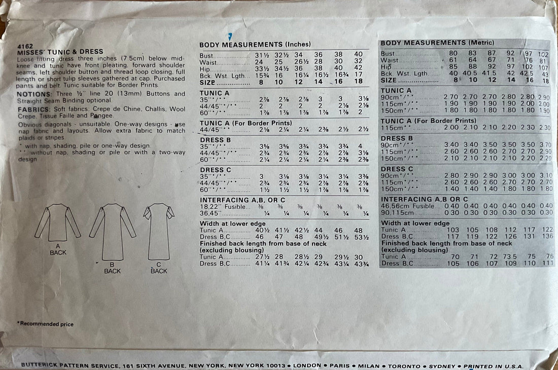 Butterick 4162 Sewing Pattern (Vintage) CUT