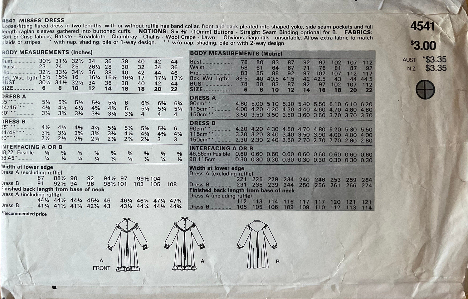 Butterick 4541 Sewing Pattern (Vintage) CUT