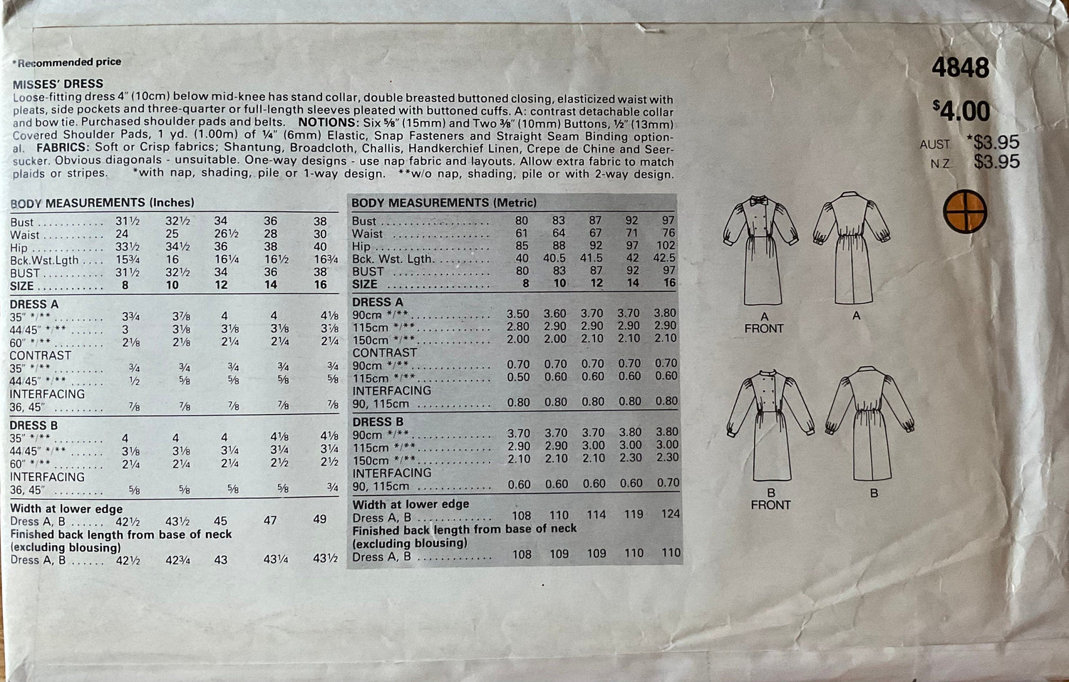 Butterick 4848 Sewing Pattern (Vintage) CUT