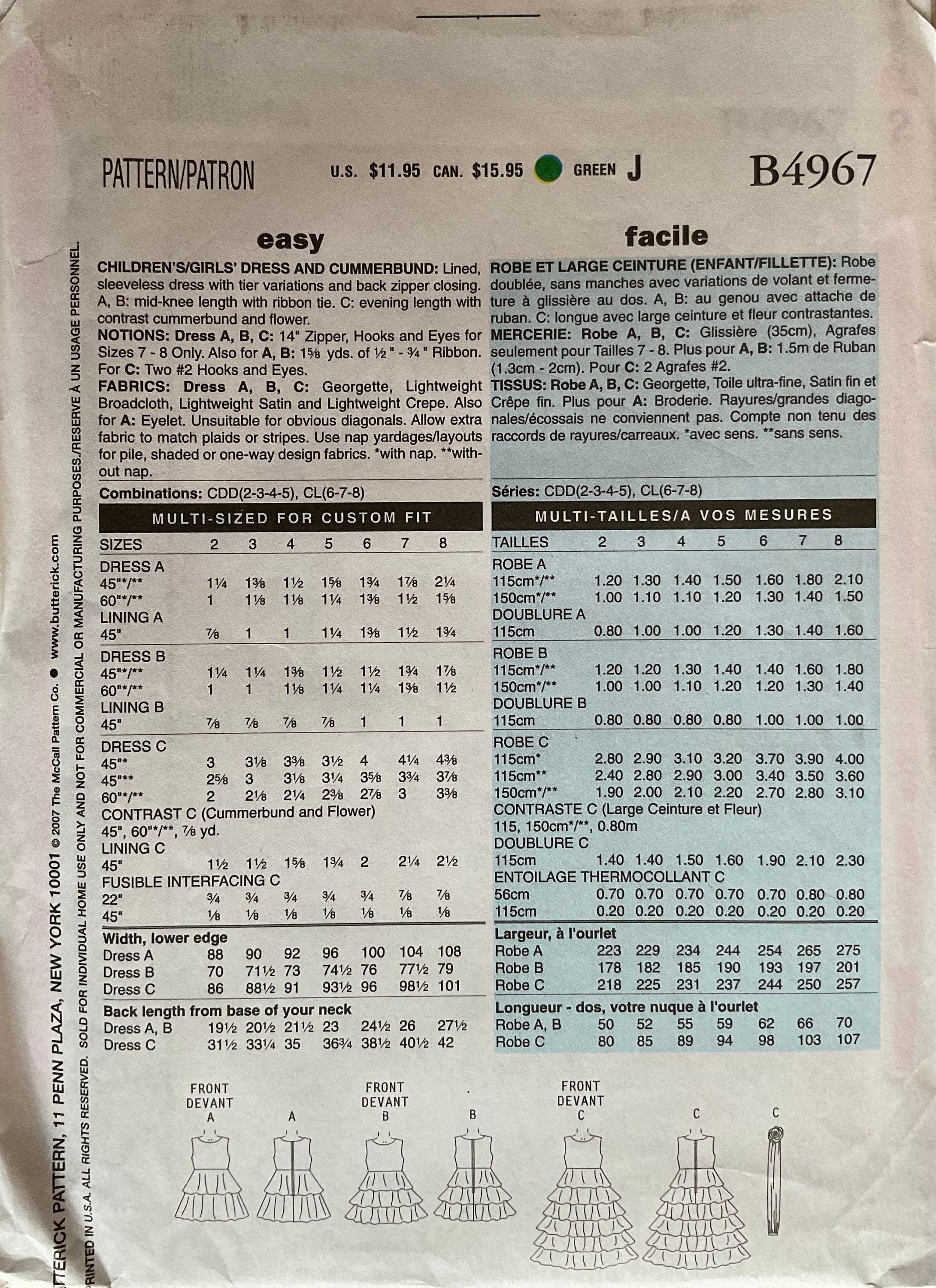 Butterick 4967 Sewing Pattern (Vintage) CUT
