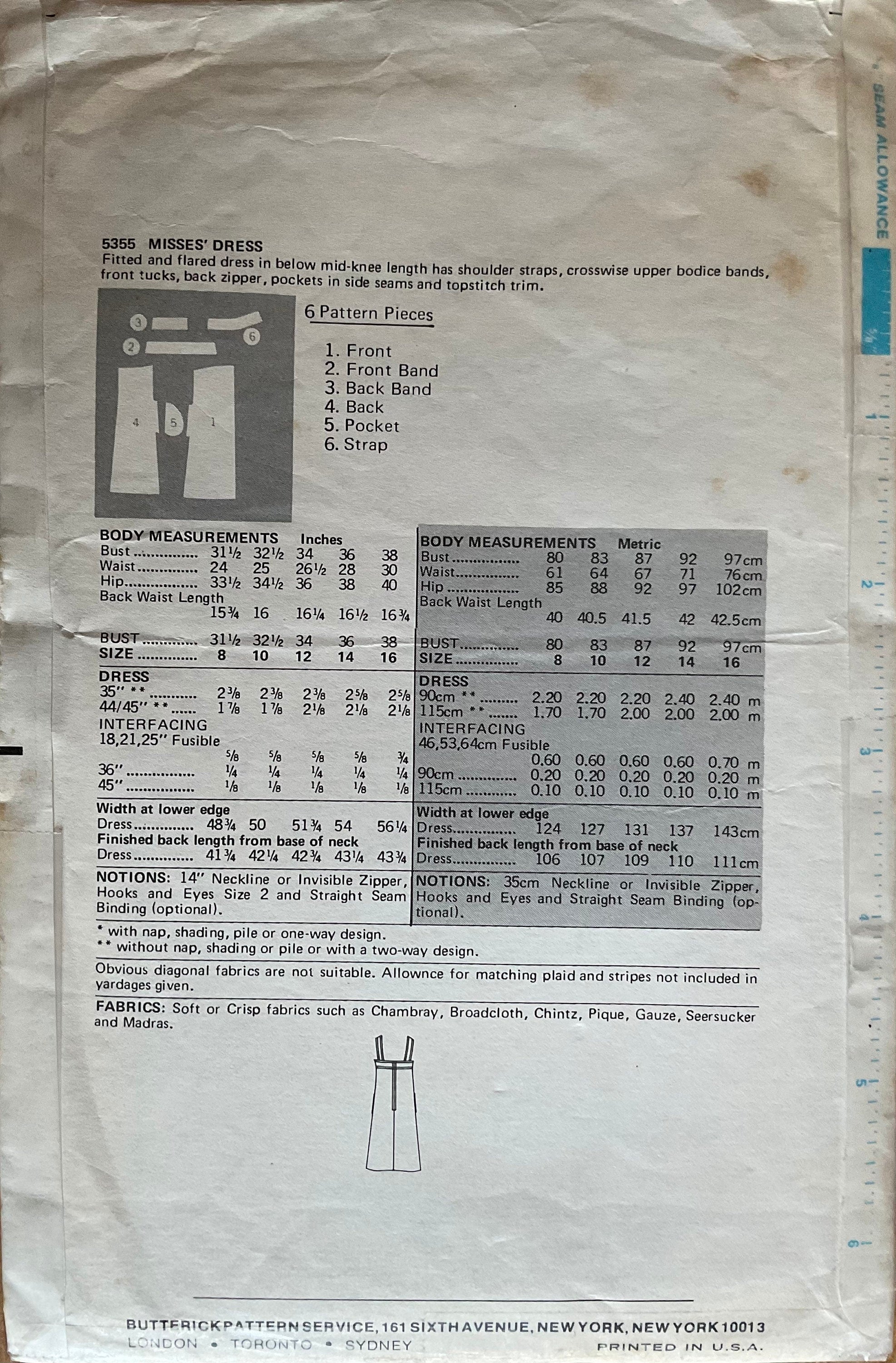 Butterick 5355 Sewing Pattern (Vintage) CUT