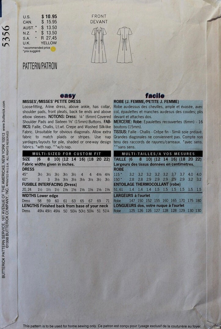 Butterick 5356 Sewing Pattern (Vintage) CUT