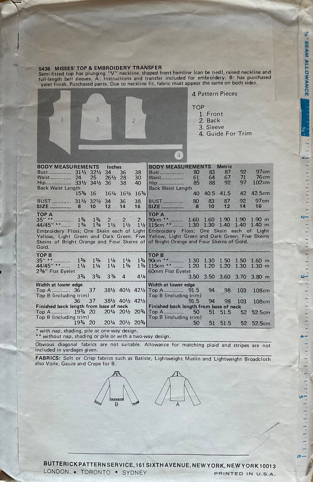 Butterick 5436 Sewing Pattern (Vintage) CUT