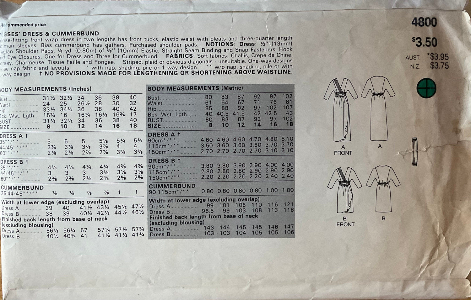 Butterick 4800 Sewing Pattern (Vintage) CUT