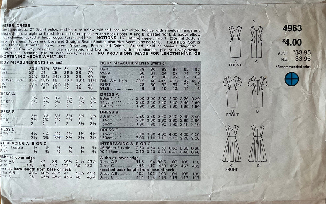 Butterick 4963 Sewing Pattern (Vintage) CUT