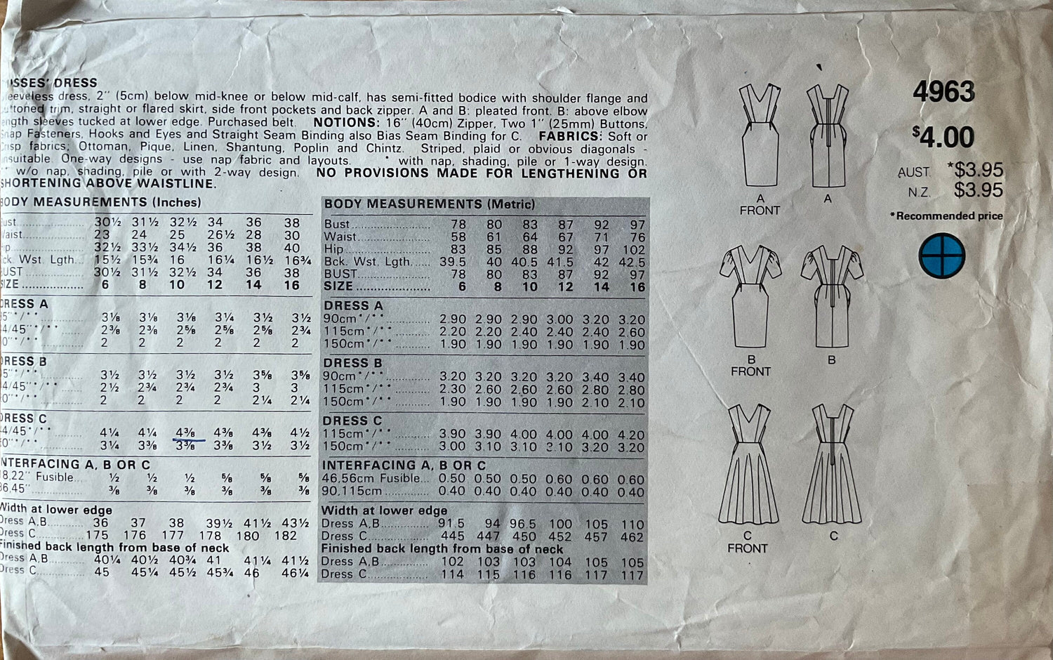 Butterick 4963 Sewing Pattern (Vintage) CUT
