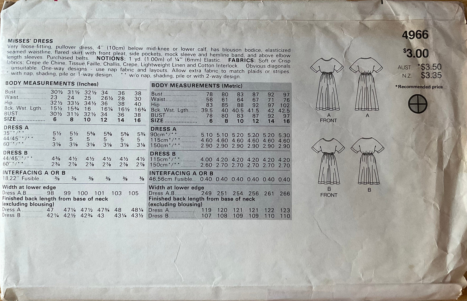 Butterick 4966 Sewing Pattern (Vintage) CUT