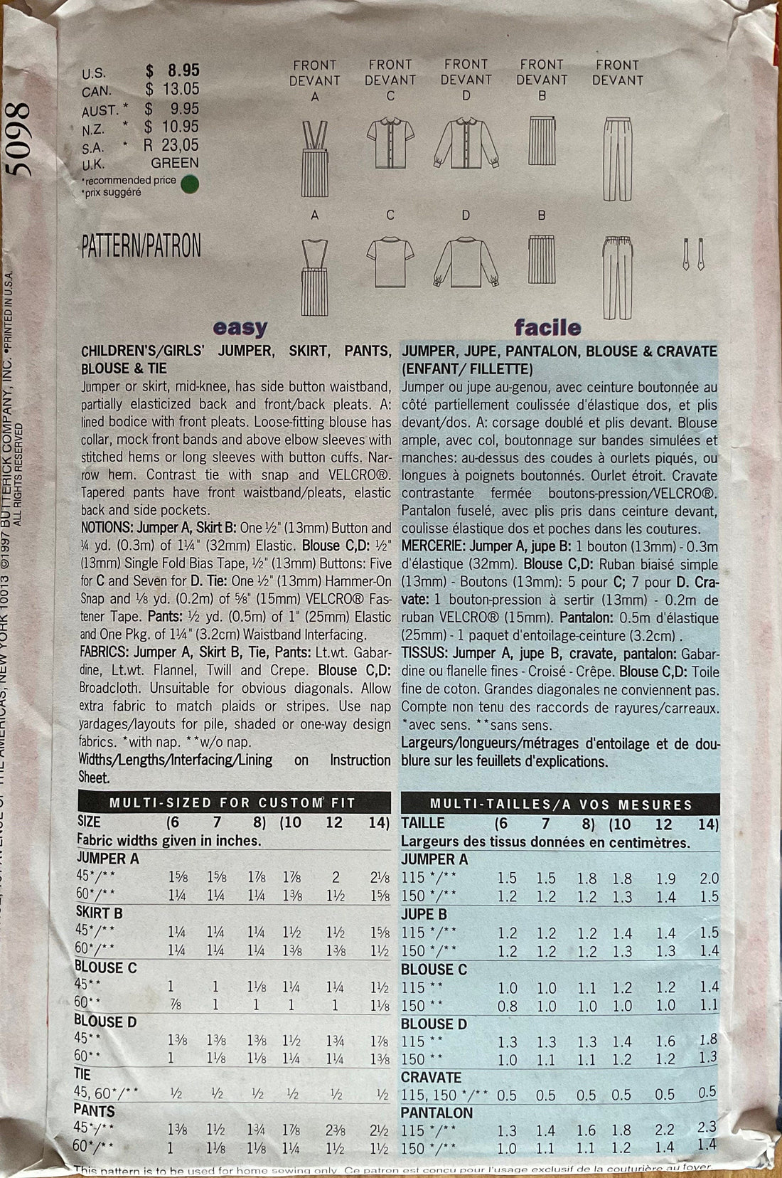 Butterick 5098 Sewing Pattern (Vintage) UNCUT