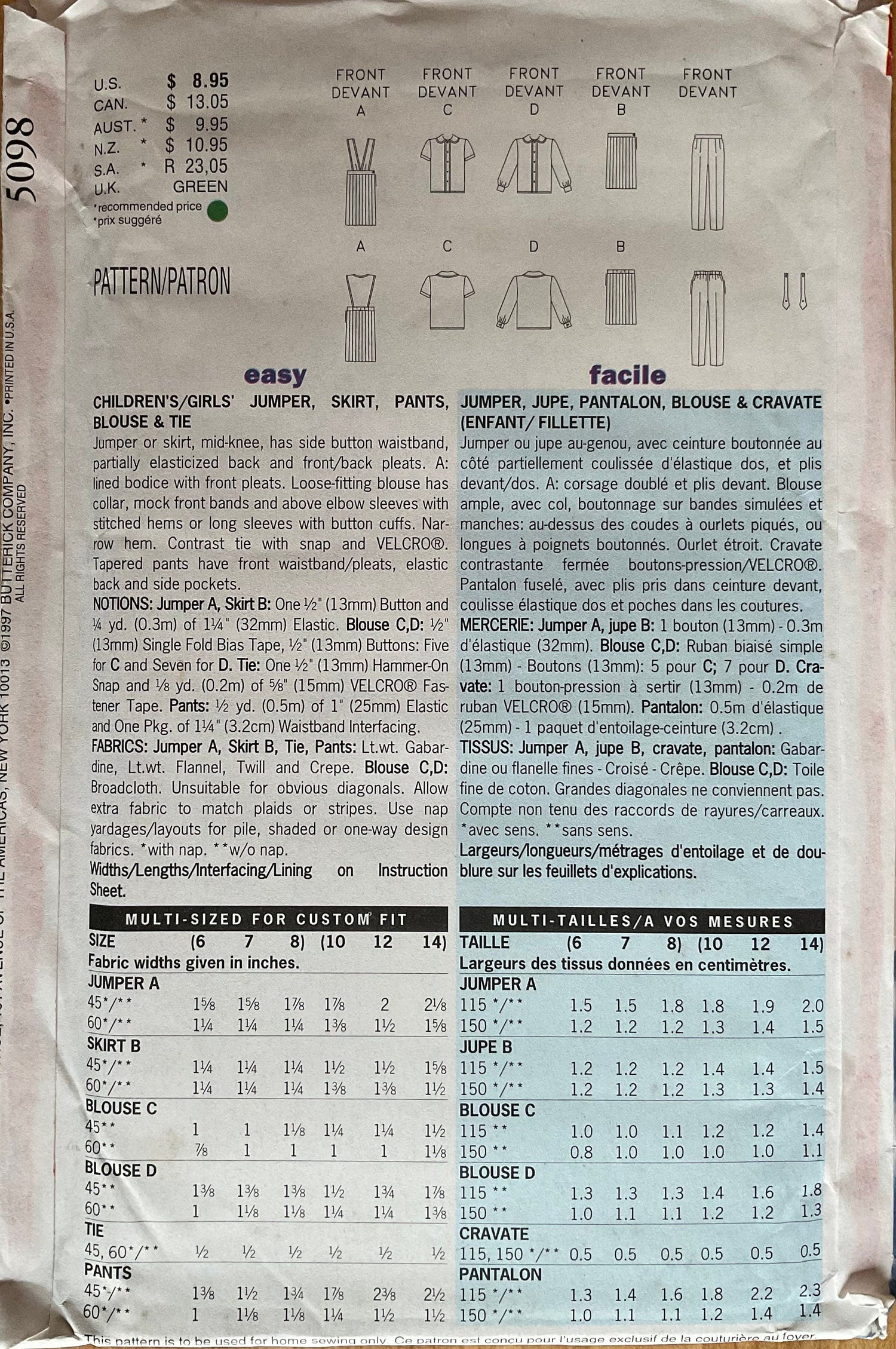 Butterick 5098 Sewing Pattern (Vintage) UNCUT