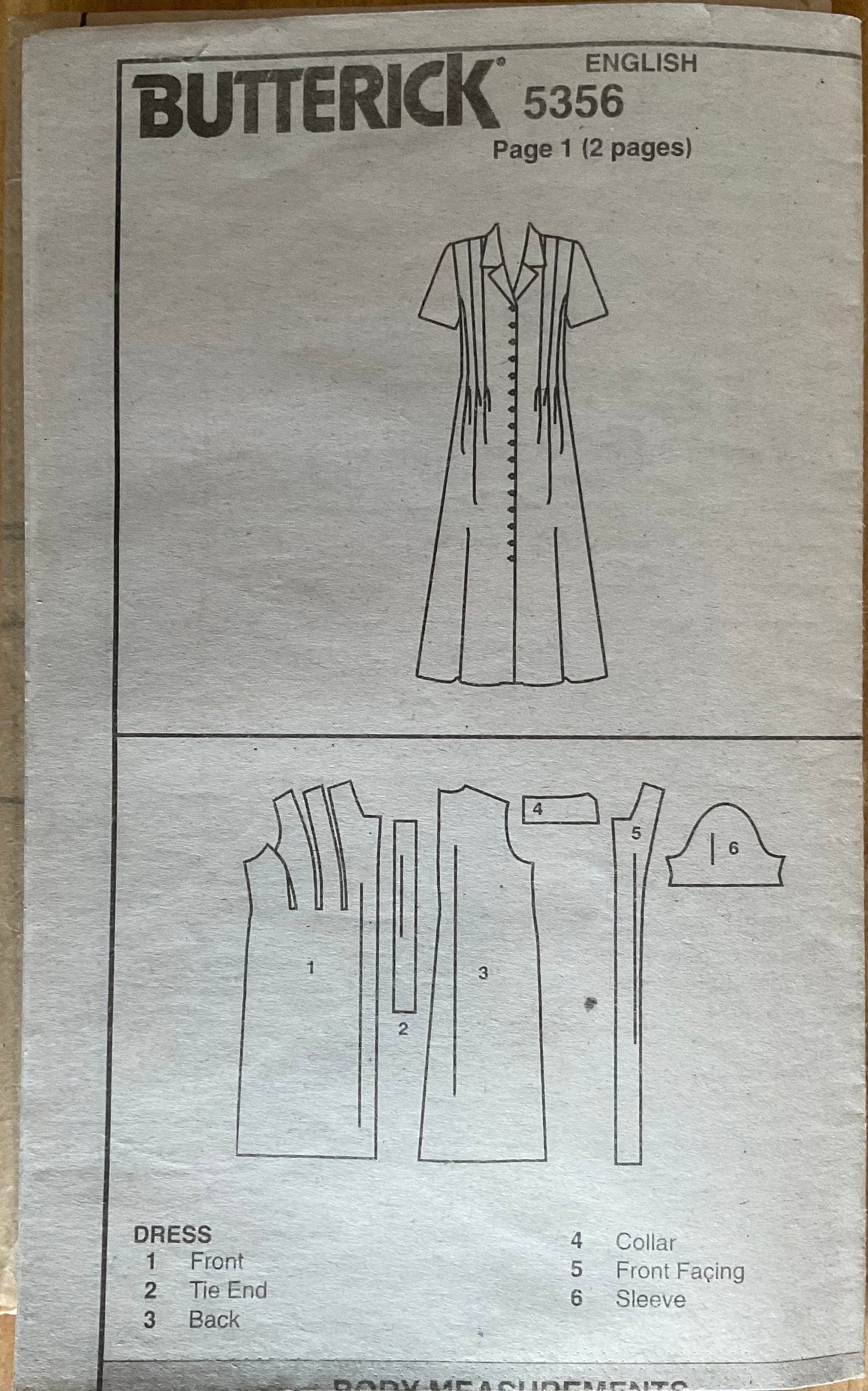 Butterick 5356 Sewing Pattern (Vintage) CUT