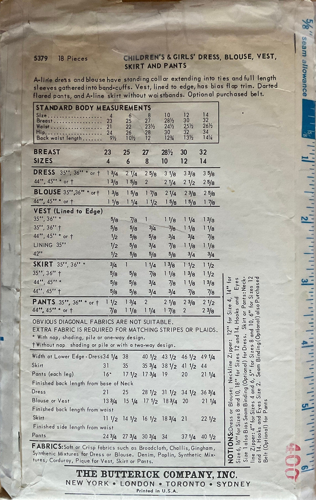 Butterick 5379 Sewing Pattern (Vintage) CUT