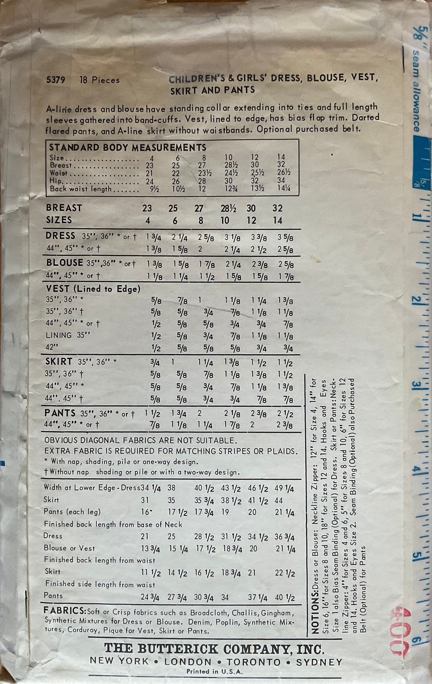Butterick 5379 Sewing Pattern (Vintage) CUT