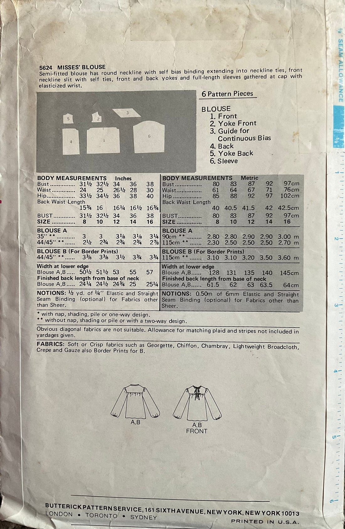 Butterick 5624 Sewing Pattern (Vintage) CUT