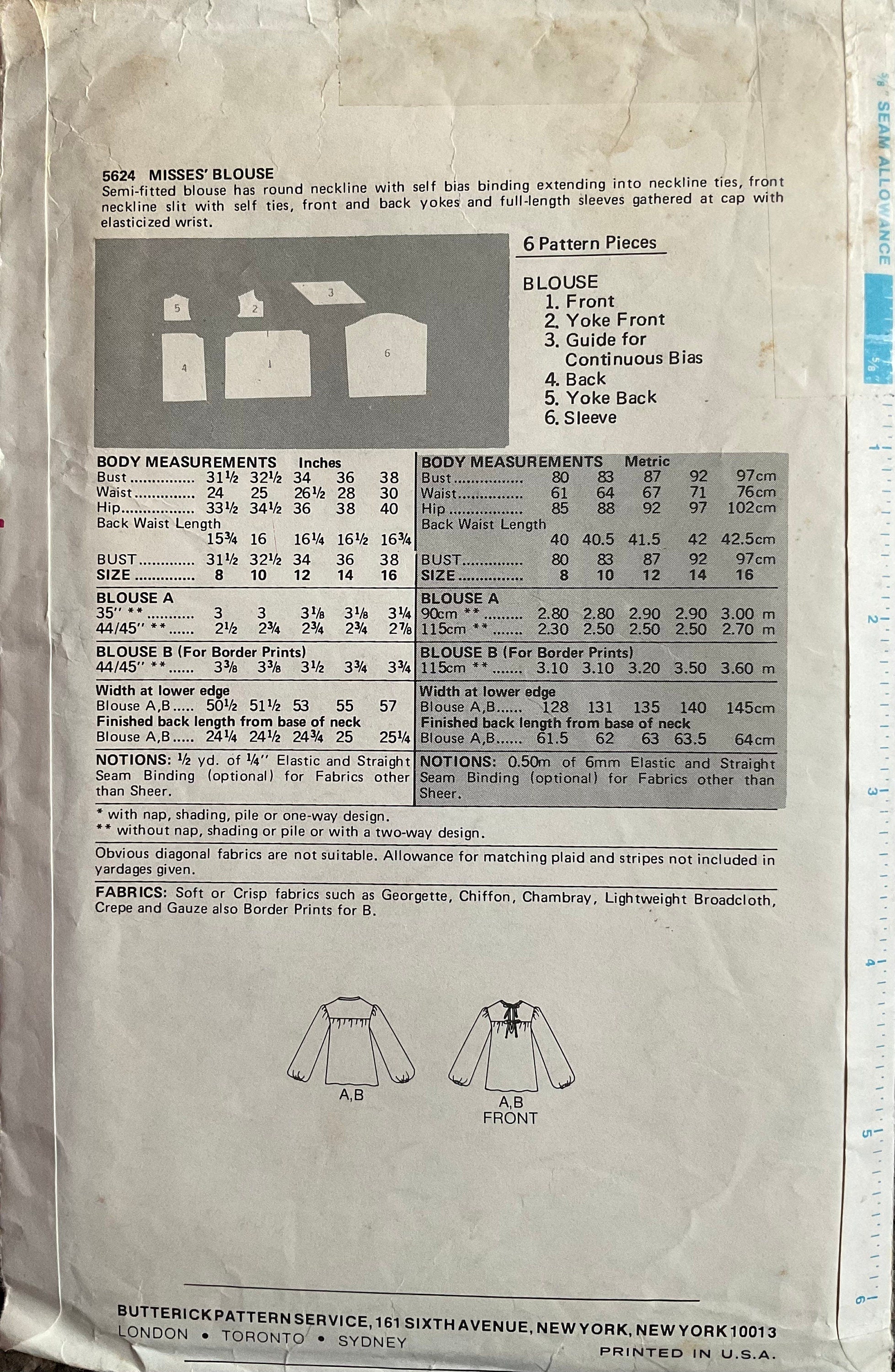 Butterick 5624 Sewing Pattern (Vintage) CUT