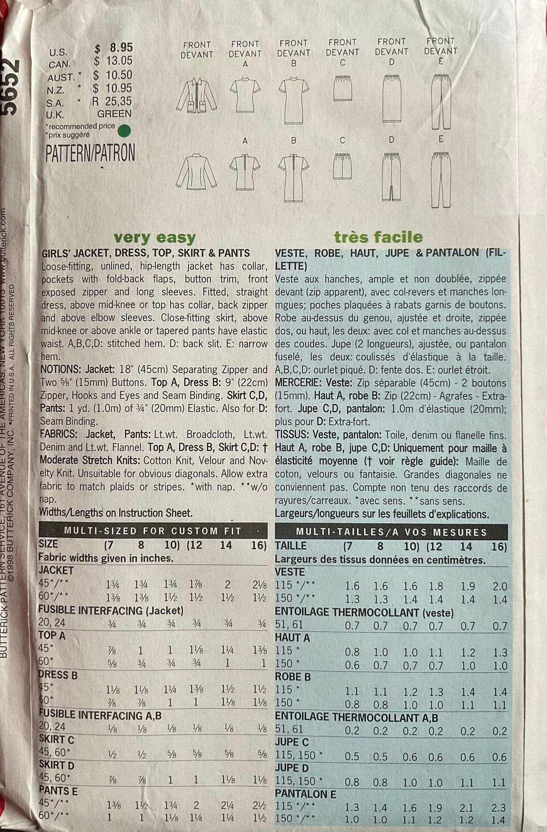 Butterick 5652 Sewing Pattern (Vintage) CUT