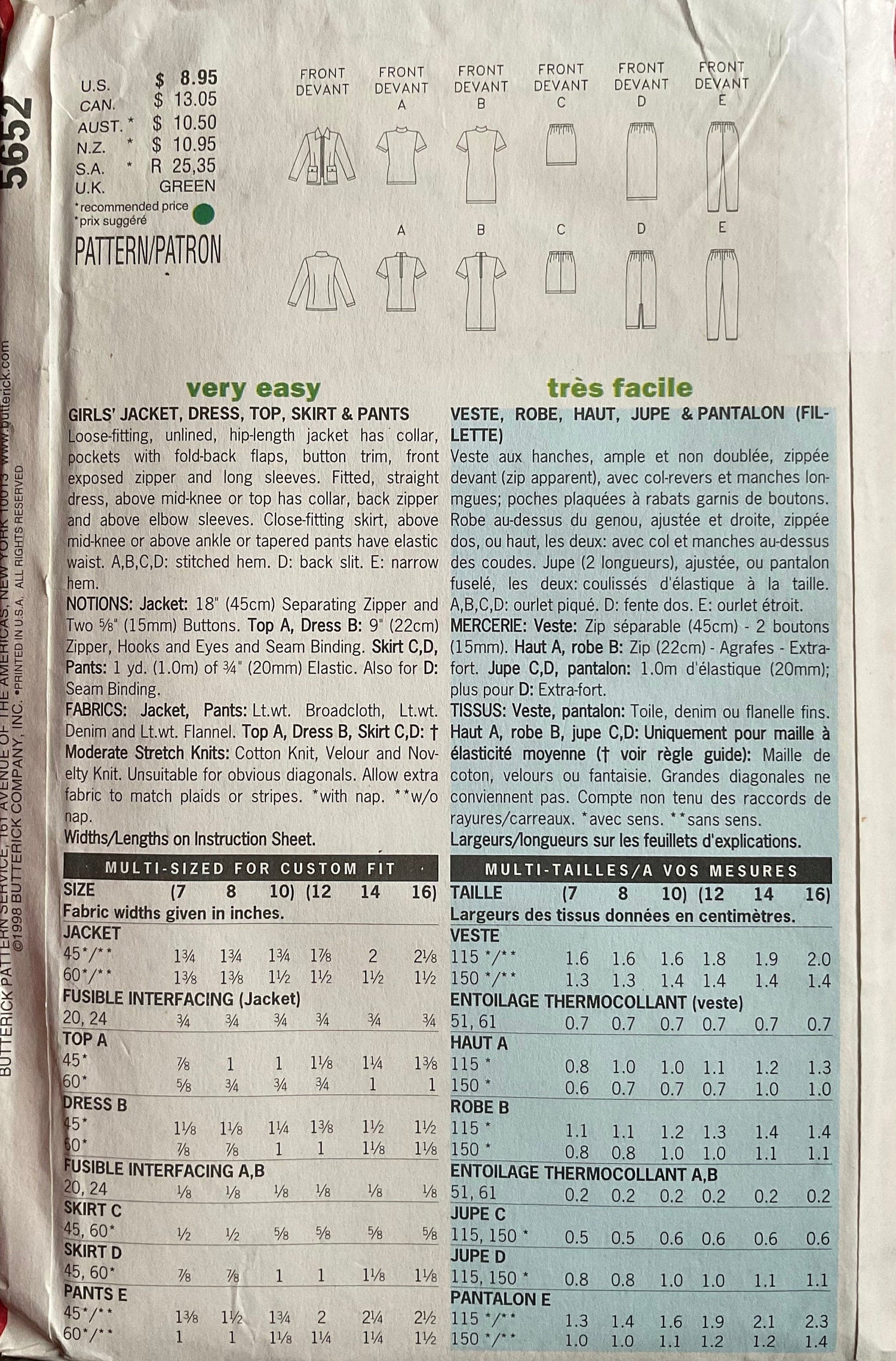 Butterick 5652 Sewing Pattern (Vintage) CUT