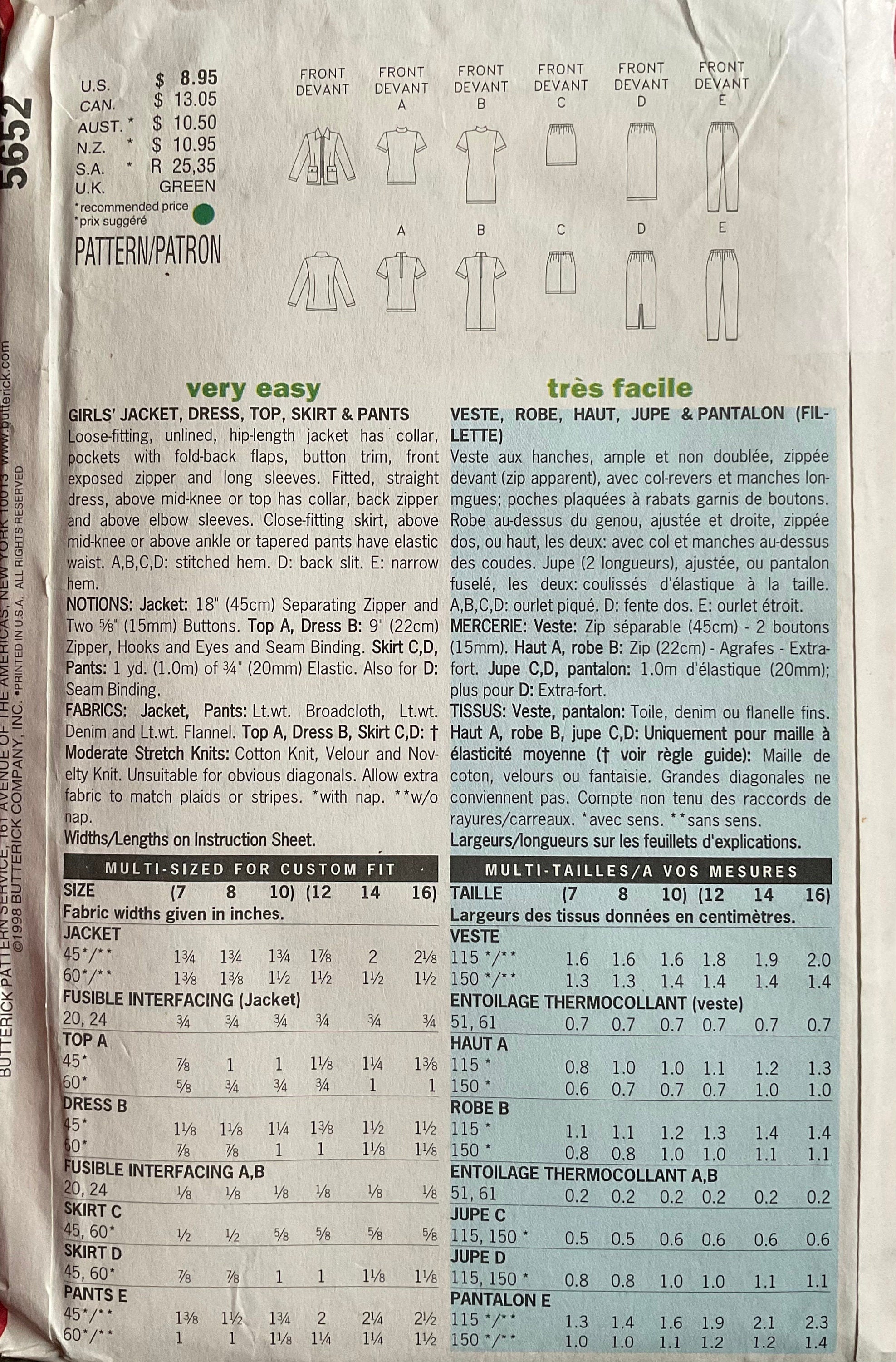 Butterick 5652 Sewing Pattern (Vintage) CUT