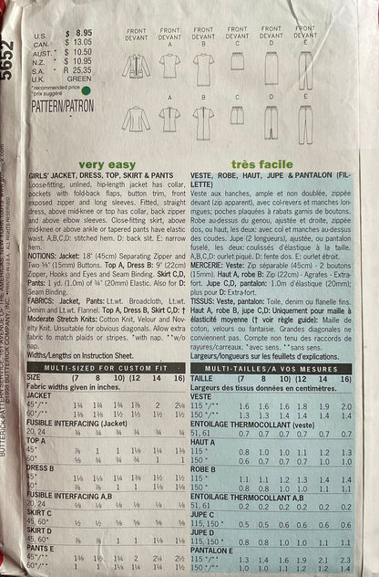 Butterick 5652 Sewing Pattern (Vintage) CUT
