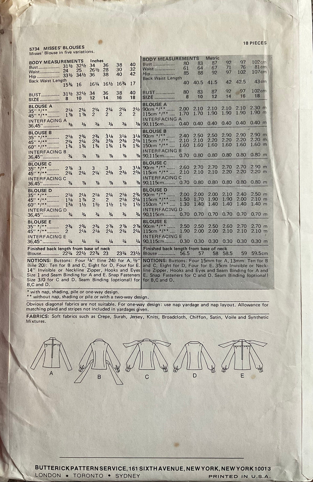 Butterick 5734 Sewing Pattern (Vintage) CUT