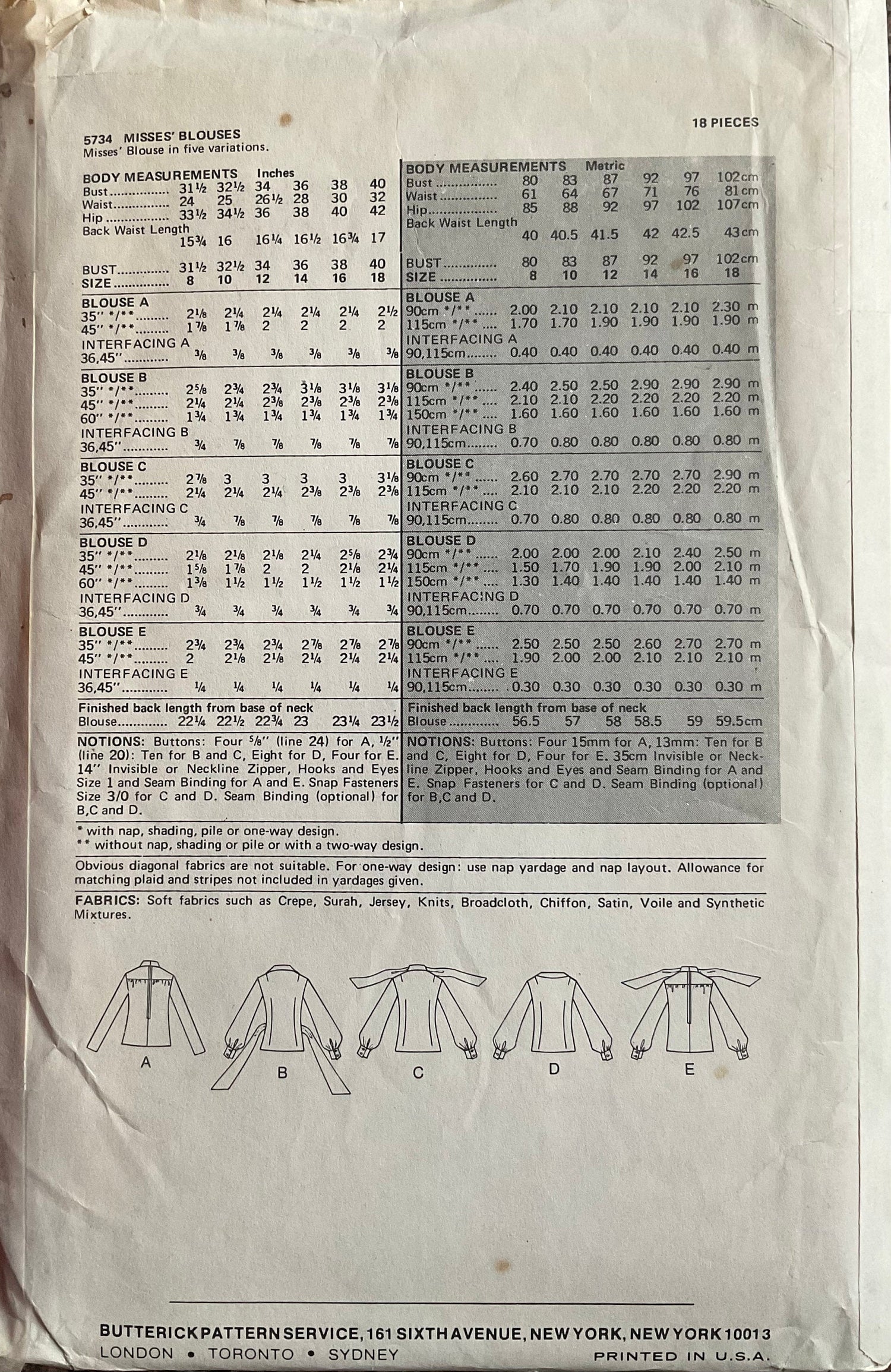 Butterick 5734 Sewing Pattern (Vintage) CUT