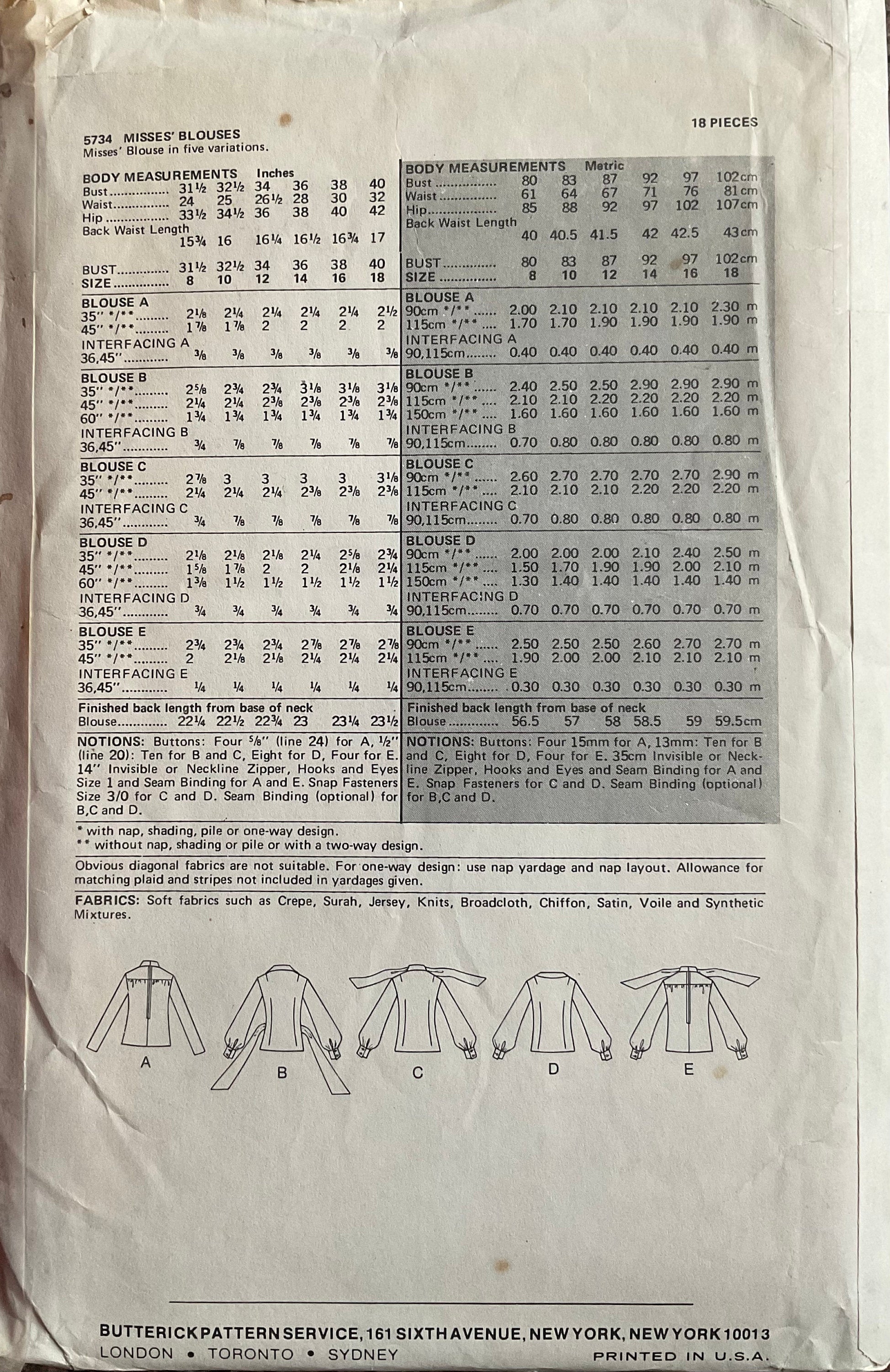 Butterick 5734 Sewing Pattern (Vintage) CUT