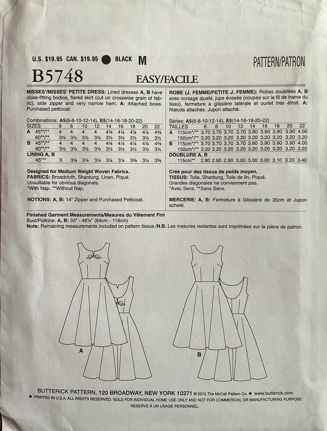 Butterick 5748 Sewing Pattern (Vintage) UNCUT