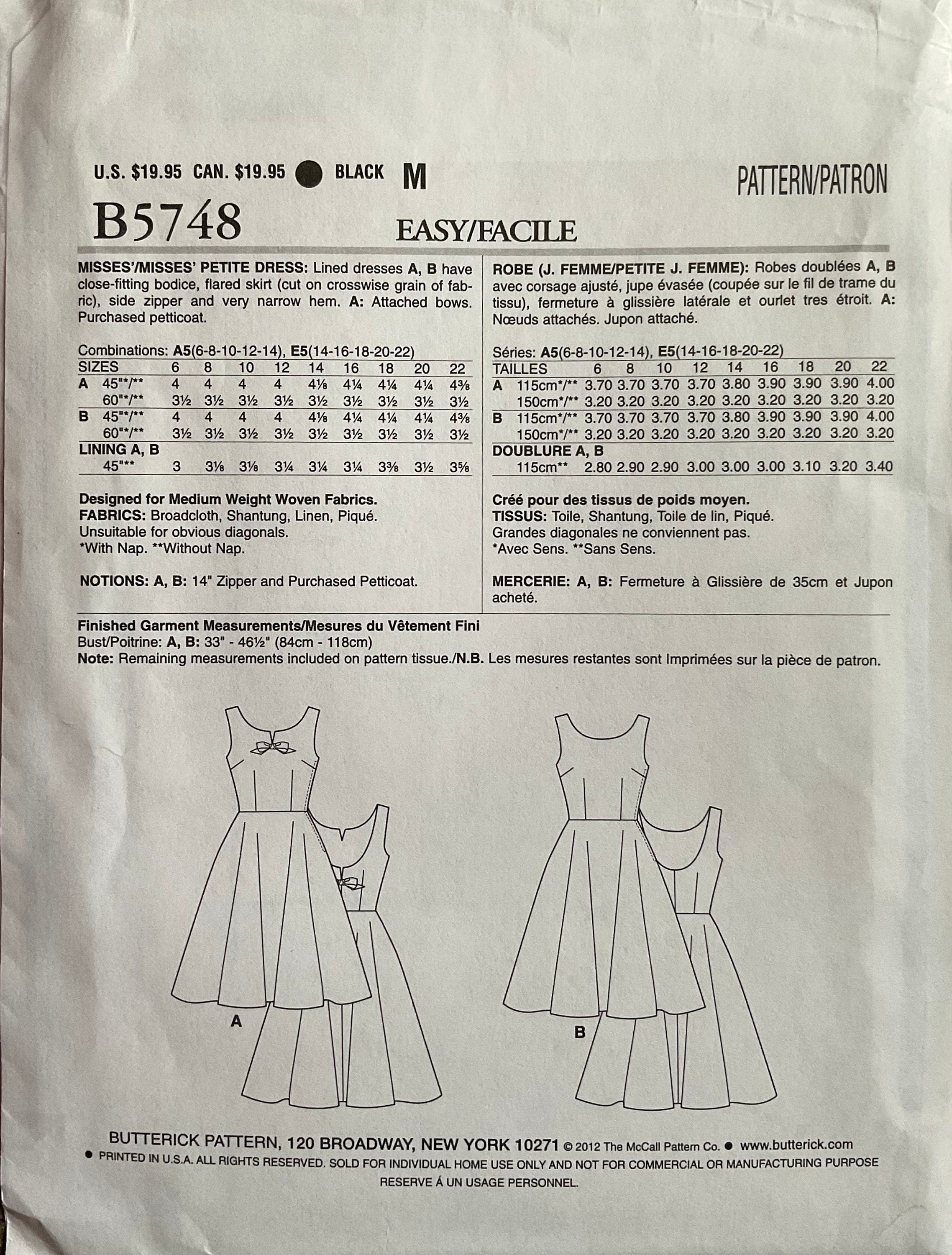 Butterick 5748 Sewing Pattern (Vintage) UNCUT