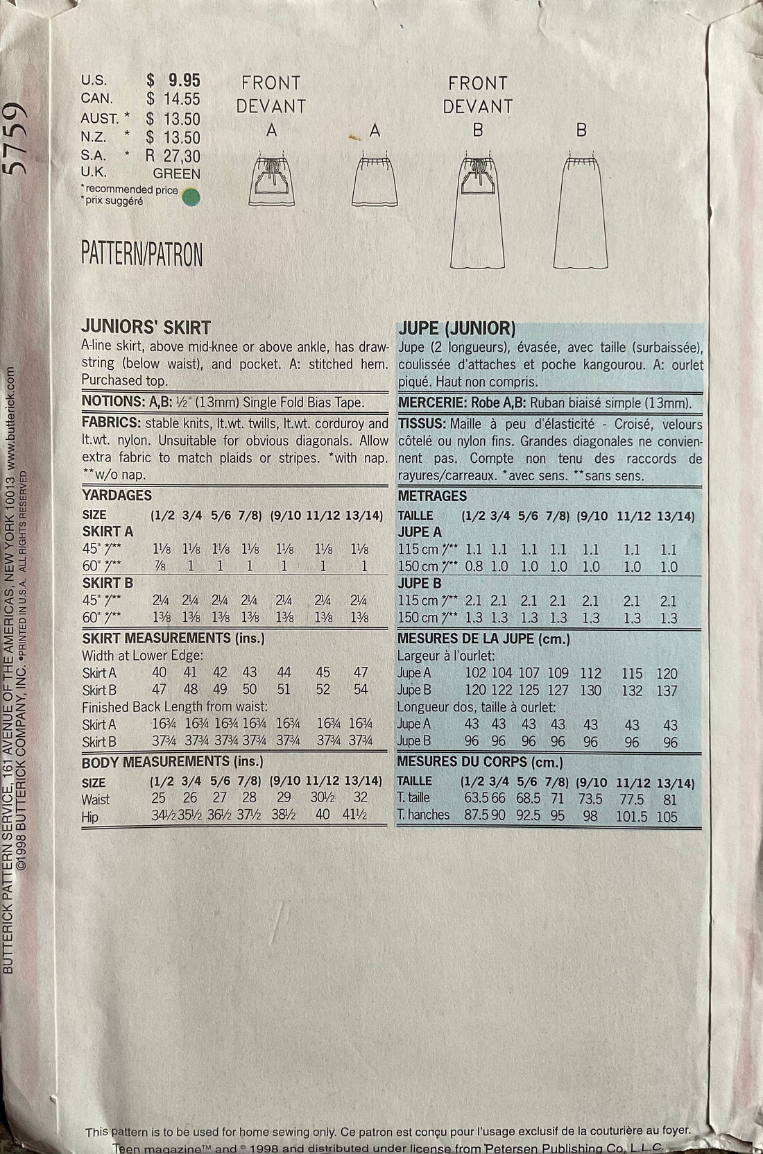 Butterick 5759 Sewing Pattern (Vintage) UNCUT