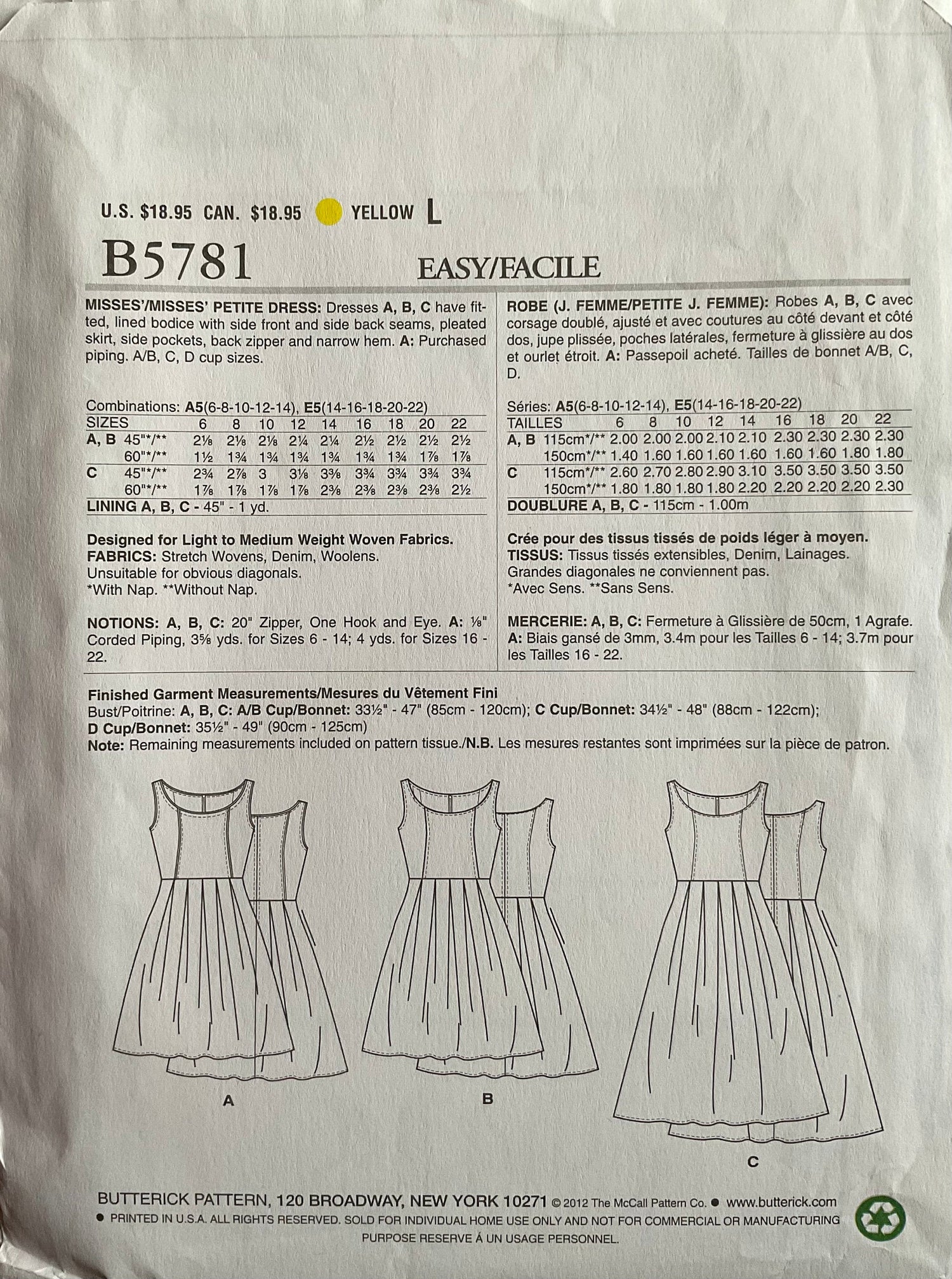 Butterick 5781 Sewing Pattern (Vintage) CUT