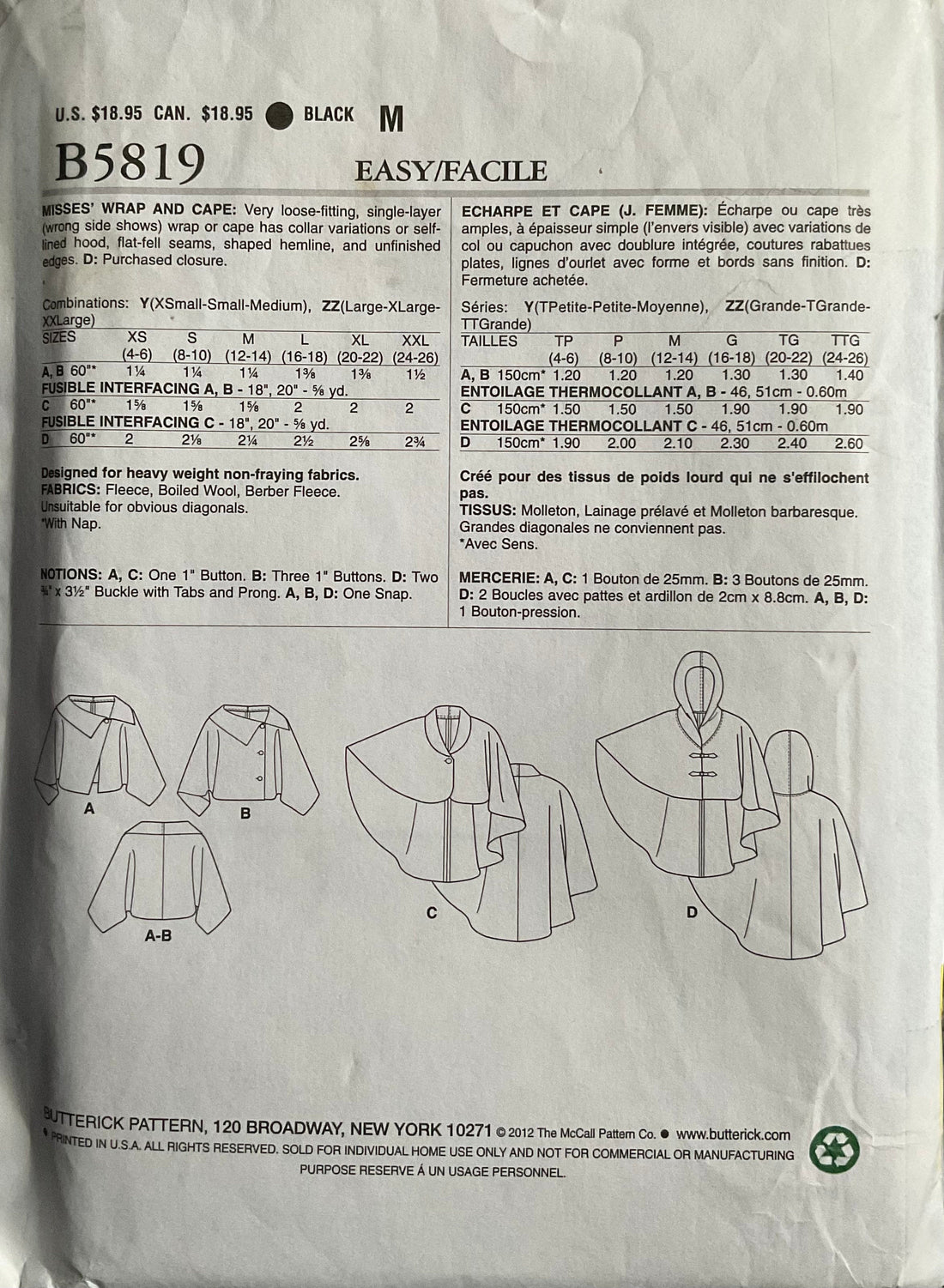 Butterick 5819 Sewing Pattern (Vintage) CUT