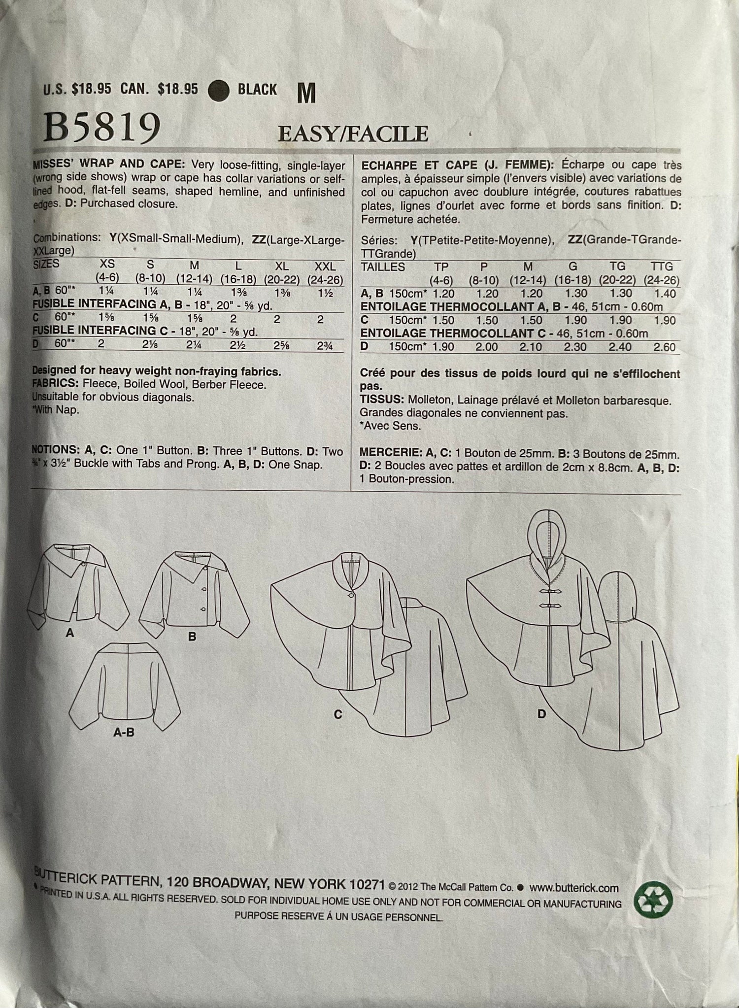Butterick 5819 Sewing Pattern (Vintage) CUT
