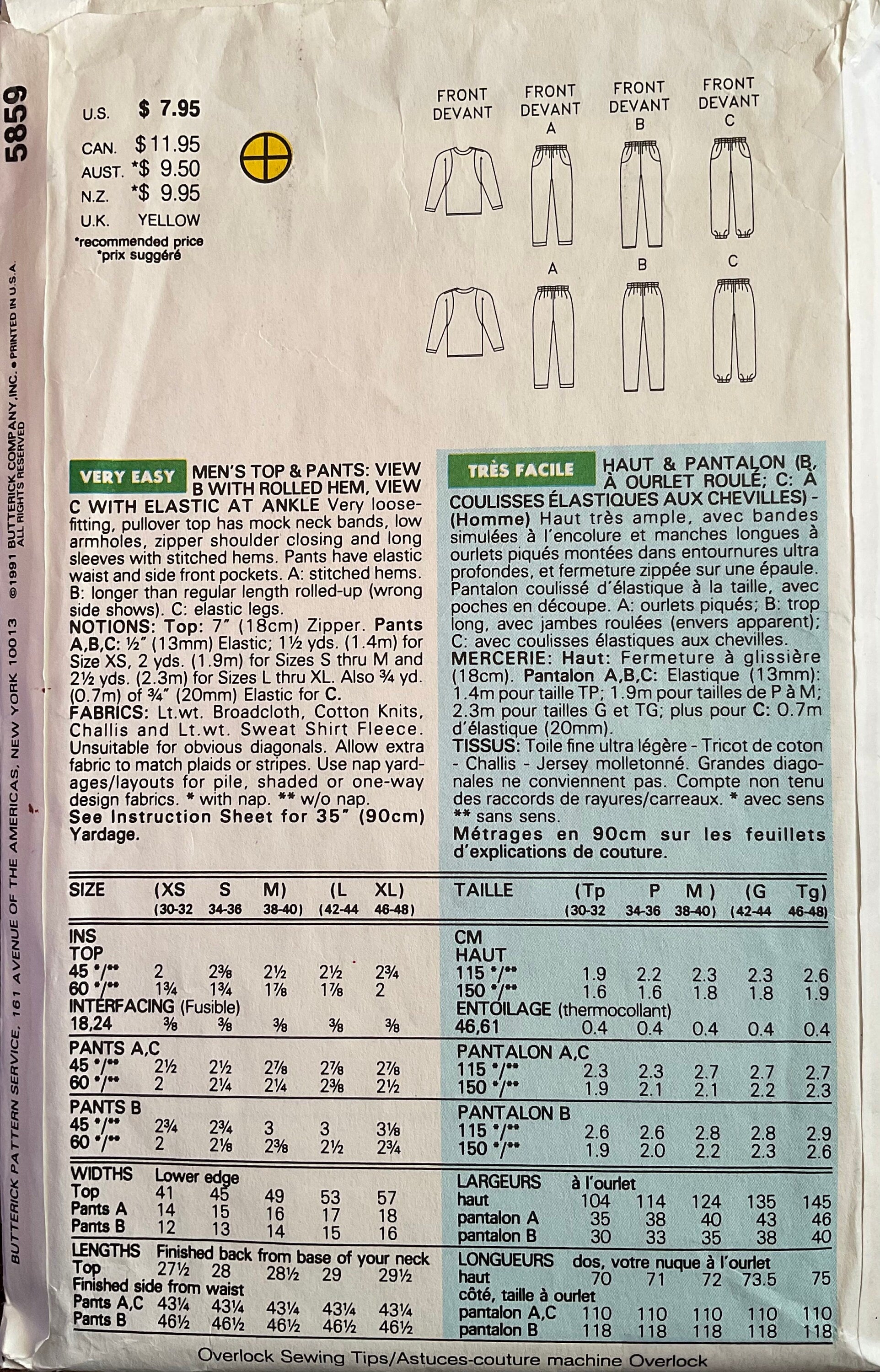 Butterick 5859 Sewing Pattern (Vintage) CUT