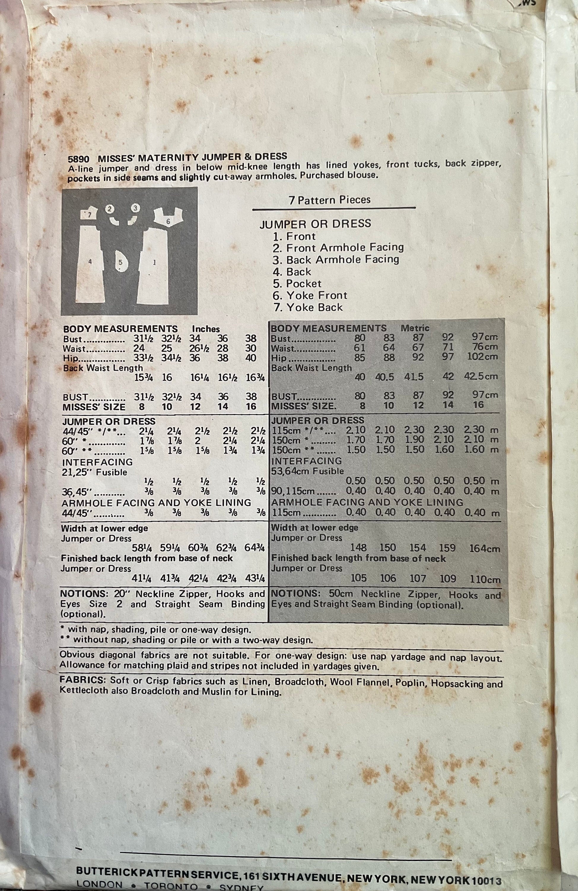 Butterick 5890 Sewing Pattern (Vintage) CUT