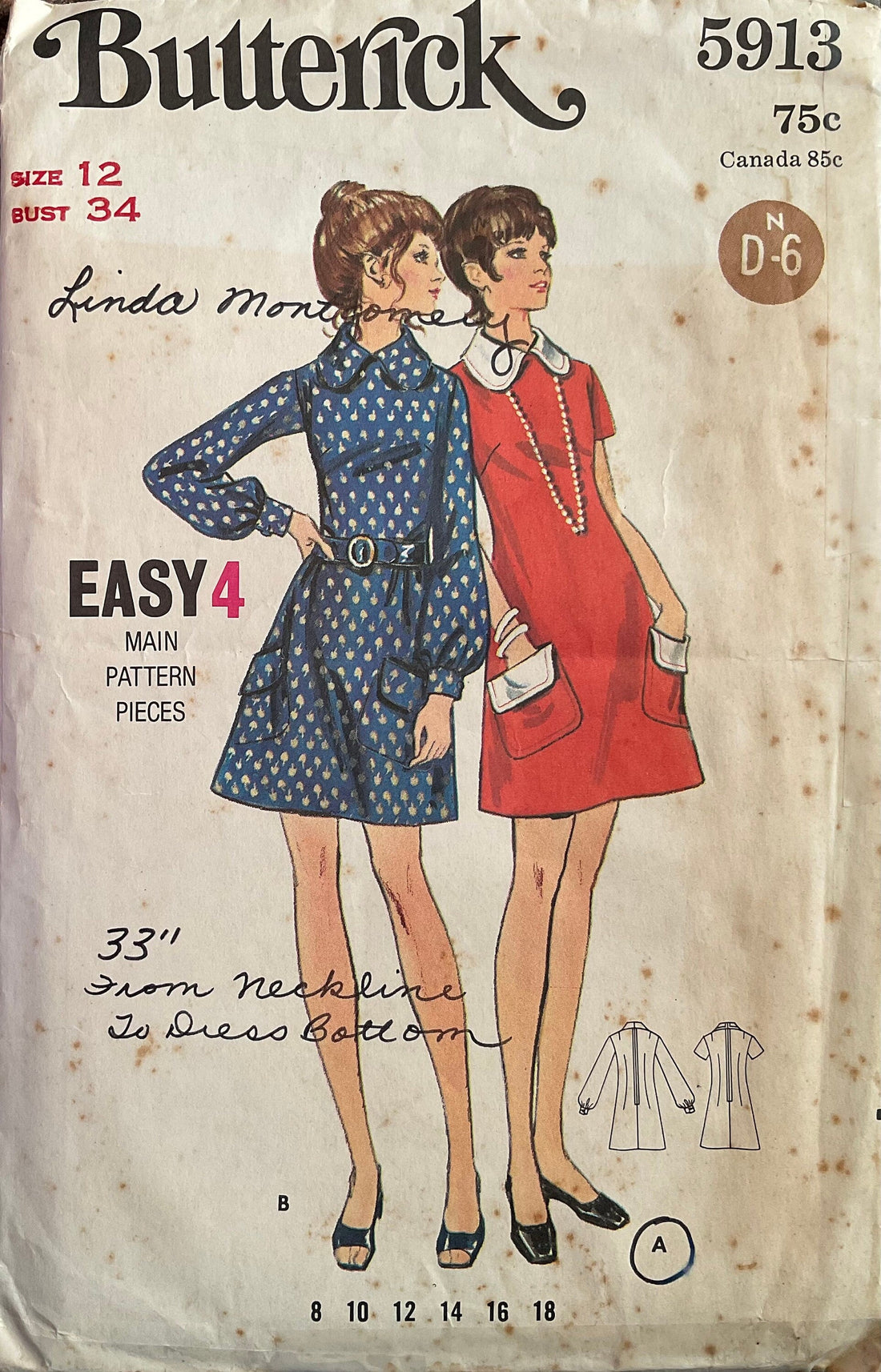 Butterick 5913 Sewing Pattern (Vintage) CUT
